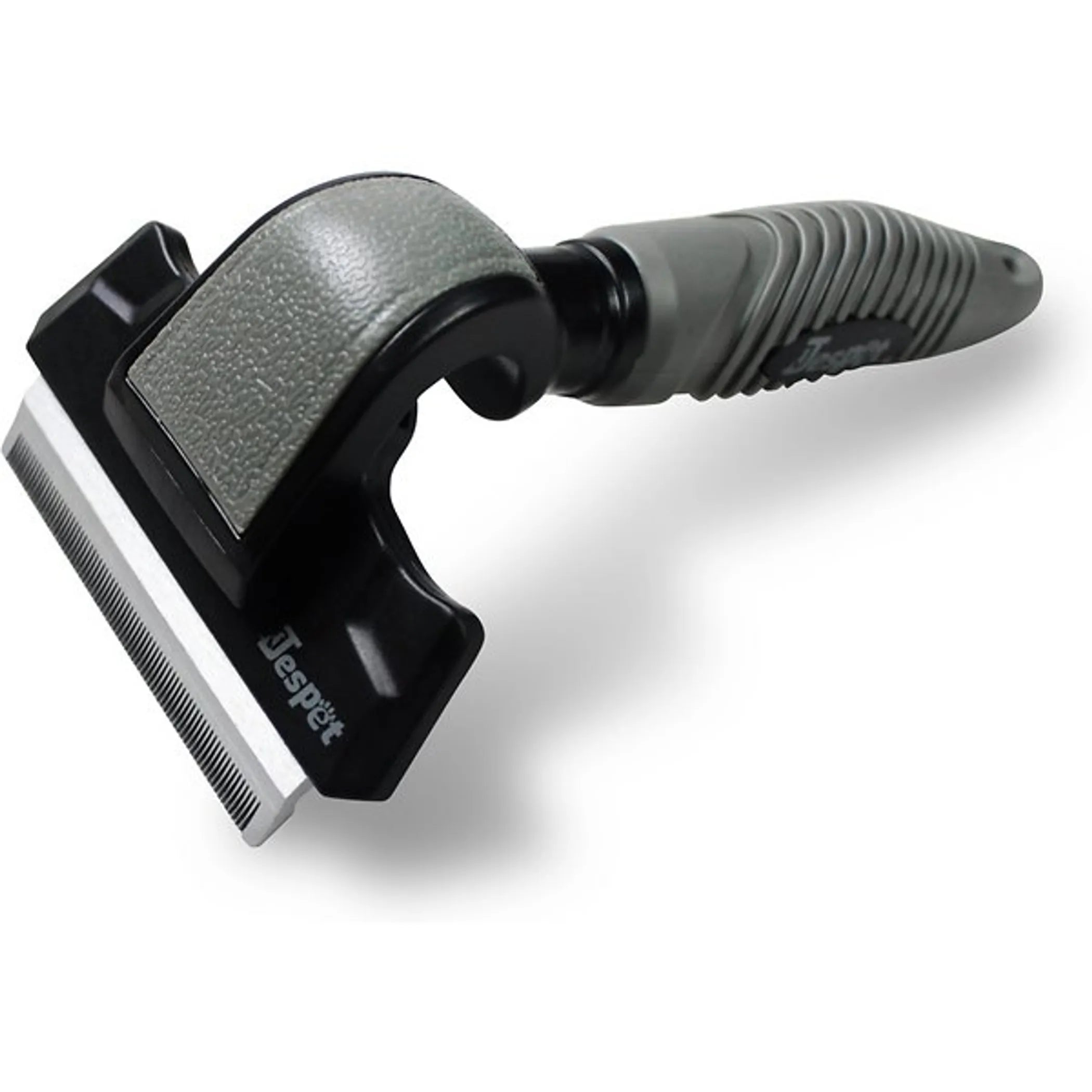 Pet grooming tool with a black handle and silver blade on a white background