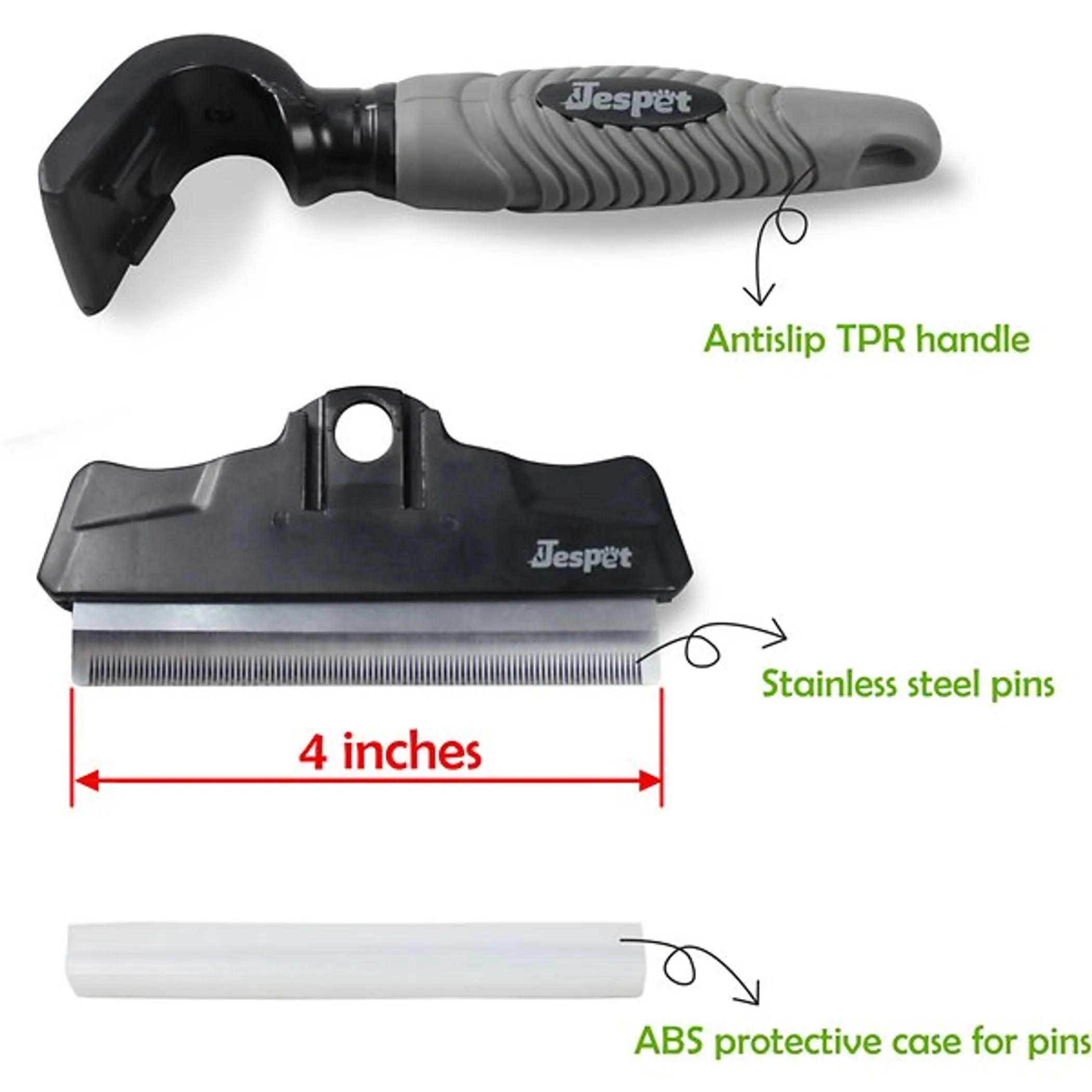 Dog grooming tool with Jesper branding, featuring an antislip TPR handle, stainless steel pins, and ABS protective case.