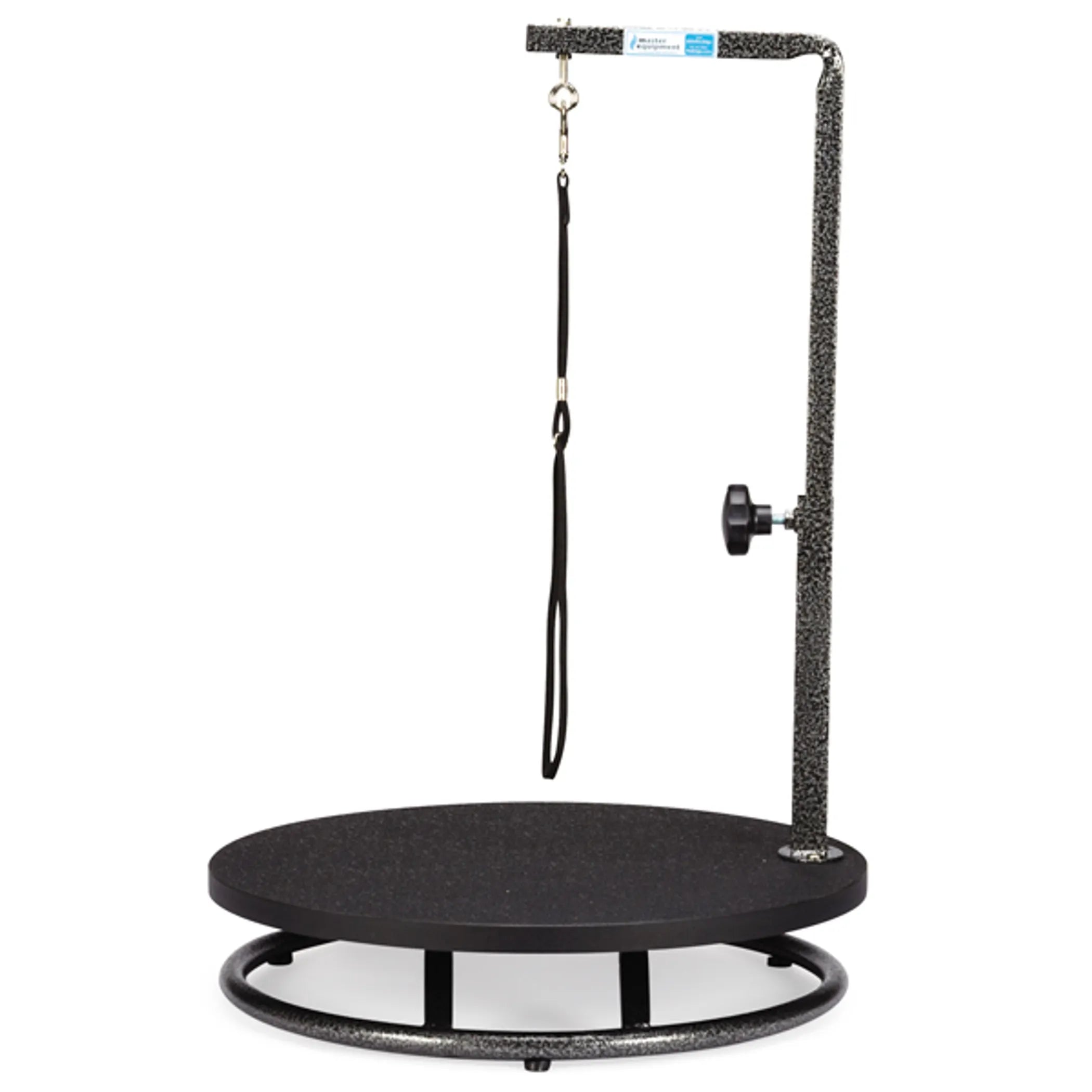 Black pet grooming table with adjustable stand on a white background