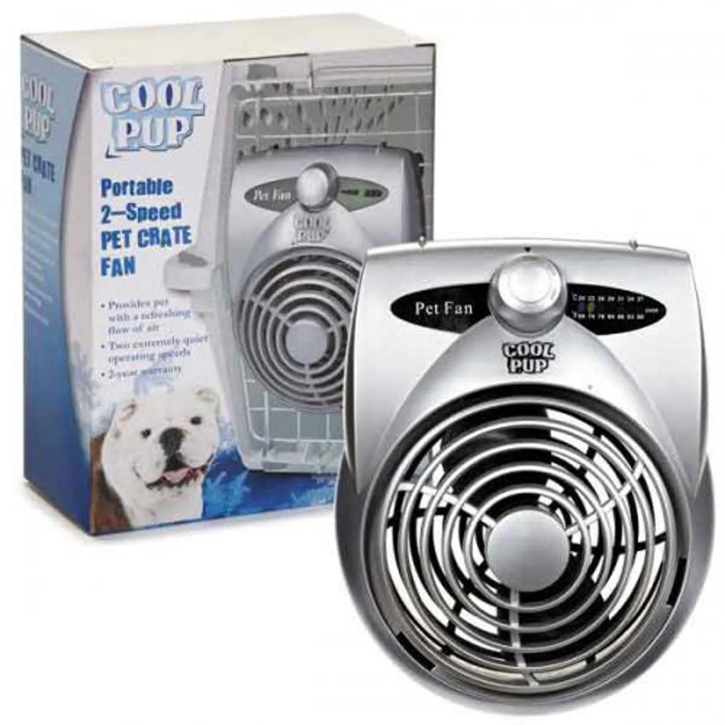 Portable pet crate fan with packaging on a white background