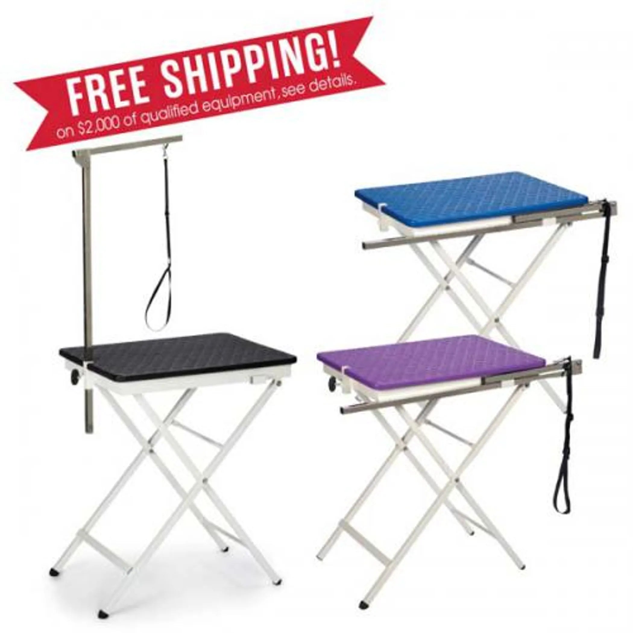Three portable grooming tables with different colored tops on a white background, featuring free shipping text.