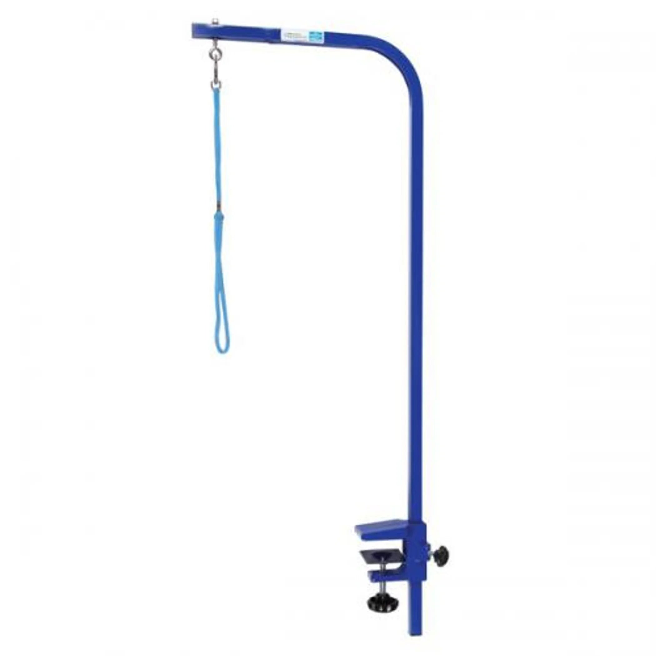 Blue metal stand with a hanging blue strap on a white background