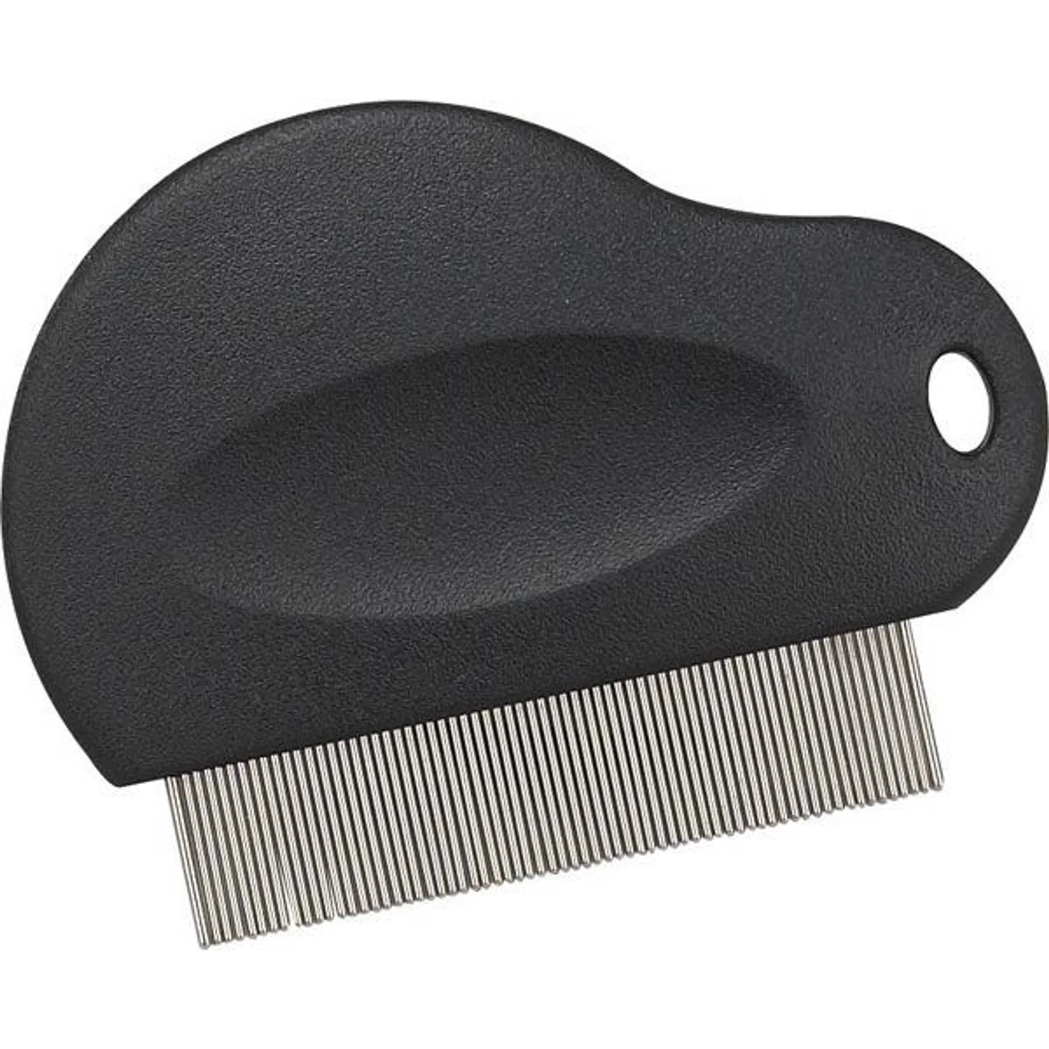 Black pet grooming comb with metal teeth on a white background