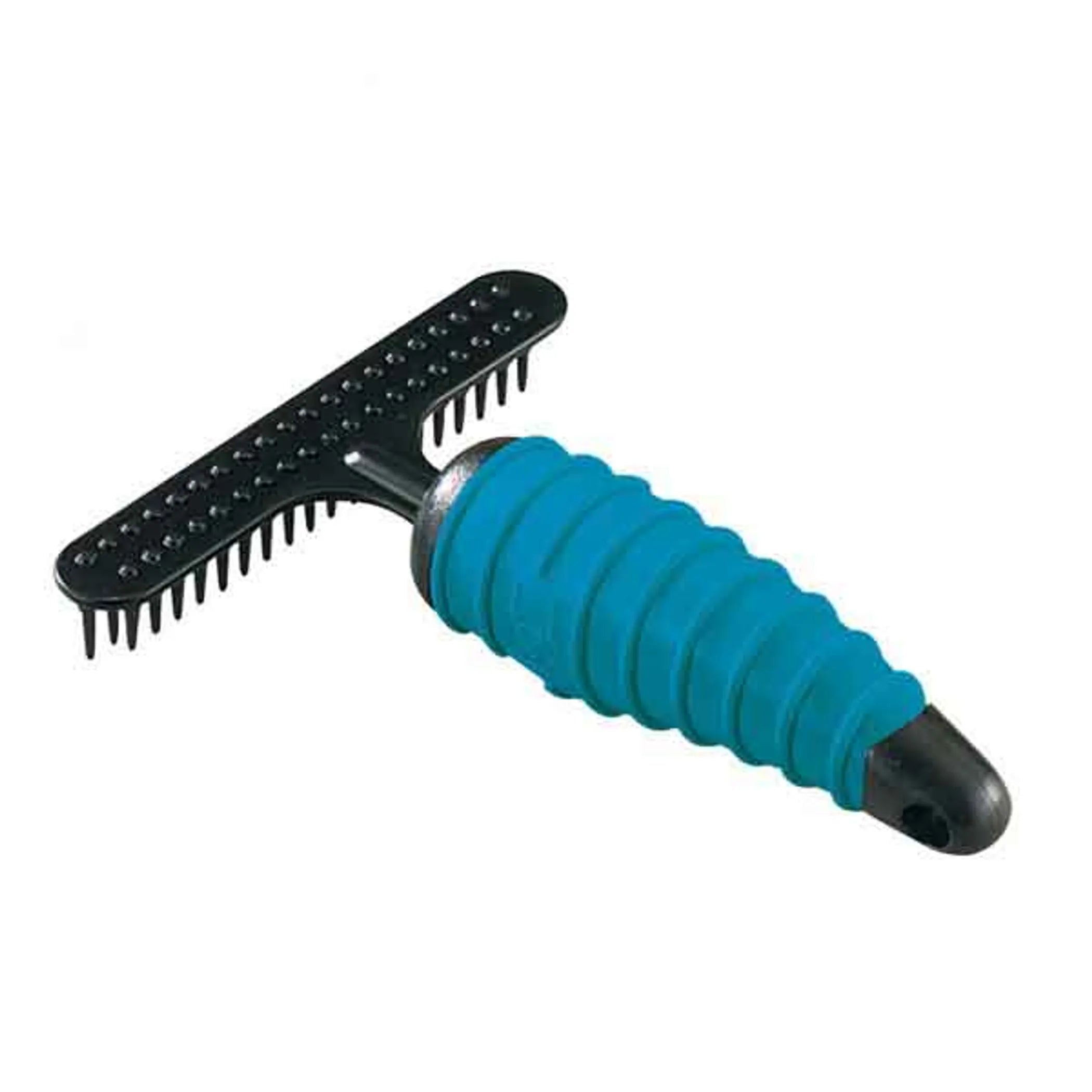 Grooming tool with blue handle and black bristles on a white background