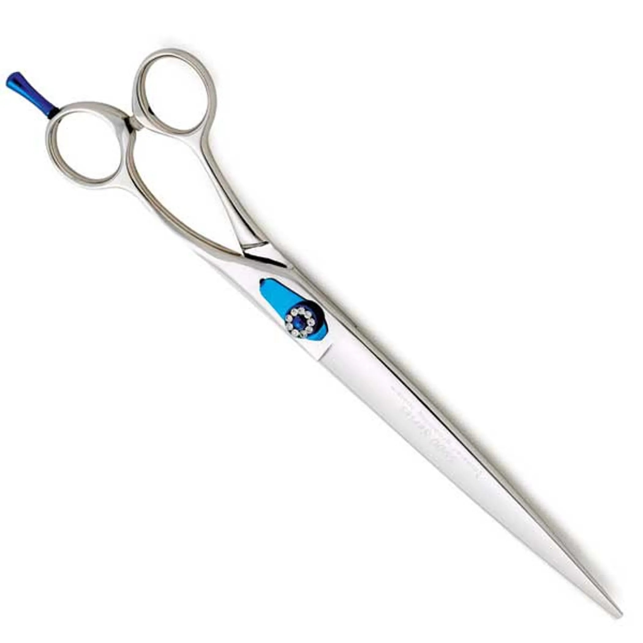 Hairdressing scissors with blue accents on a white background
