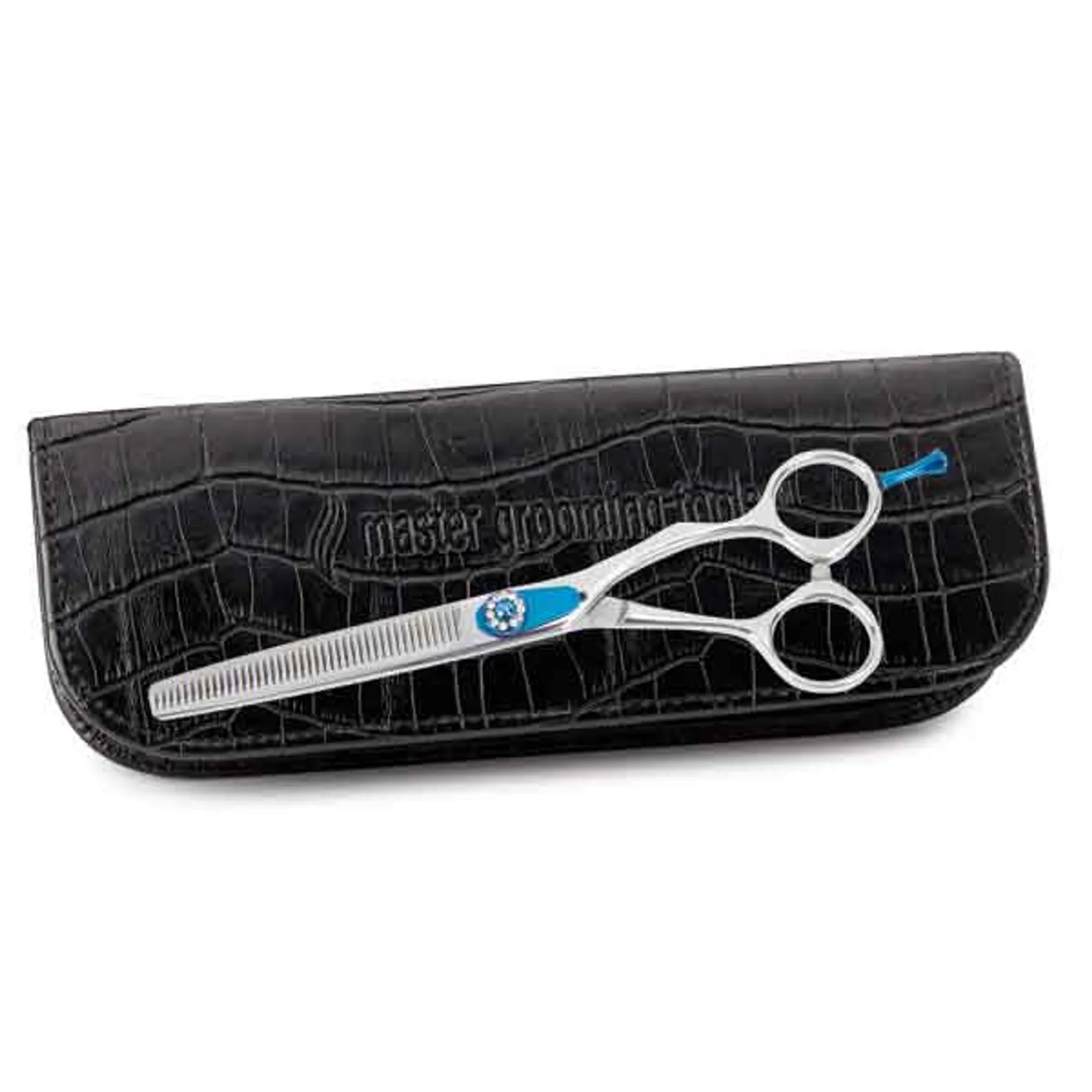 Hair cutting shears with a black case on a white background