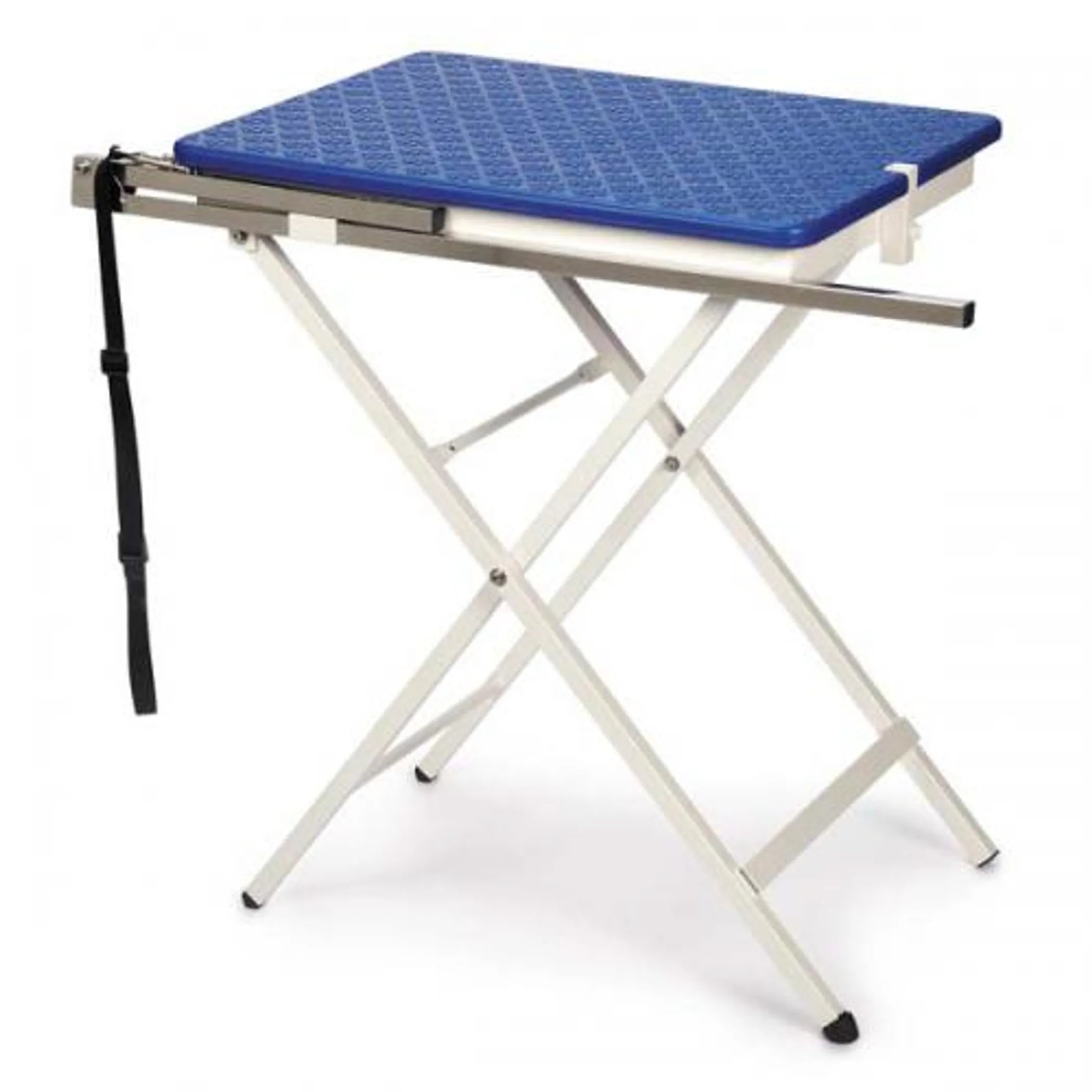 Folding table with blue top on a white background