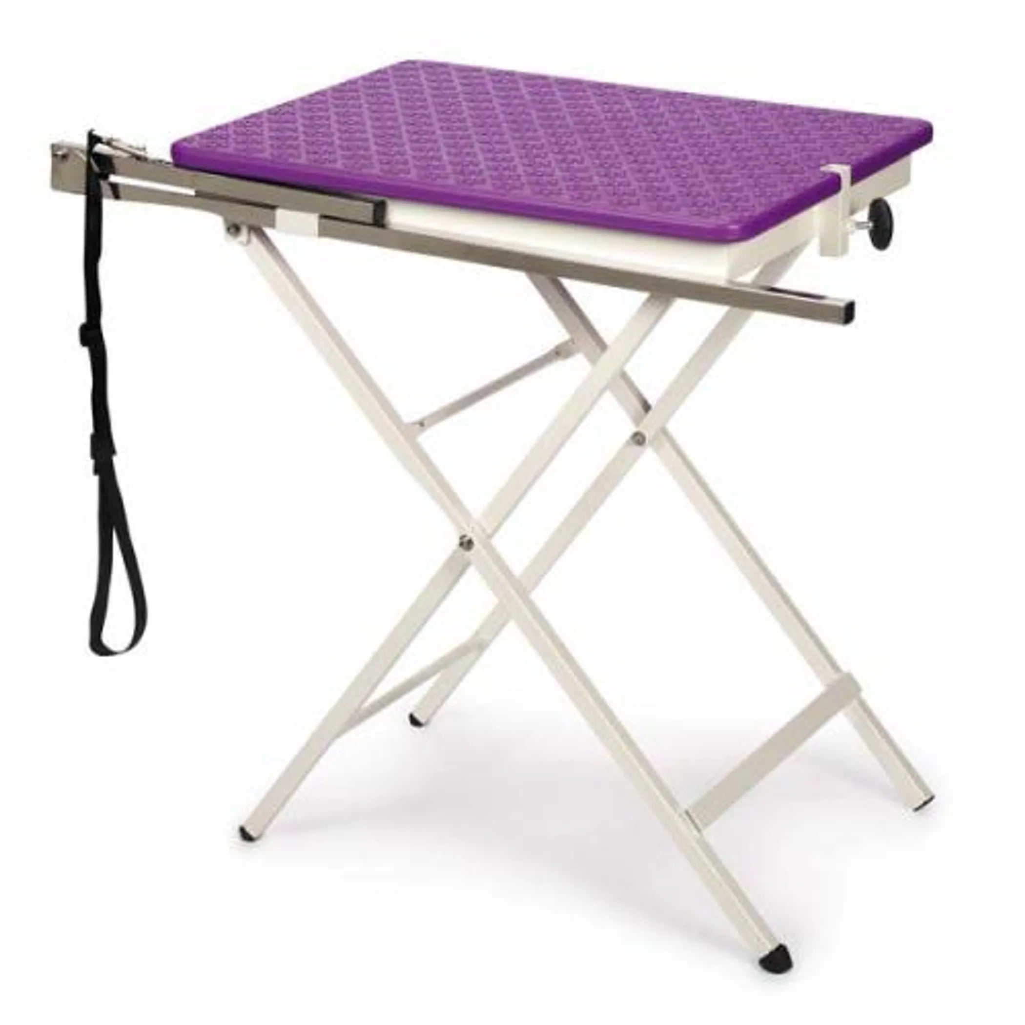 Purple grooming table with white metal frame on a white background