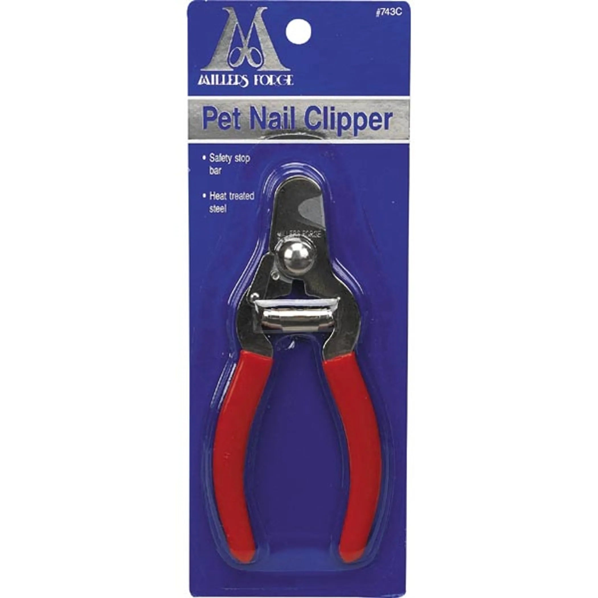 Pet nail clipper with red handles on a blue package featuring Millers Force branding.