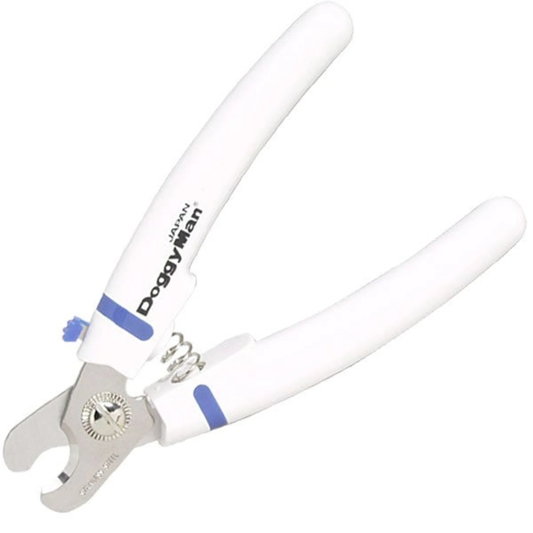 White and blue pet nail clipper with 'DoggyMan' branding on a white background