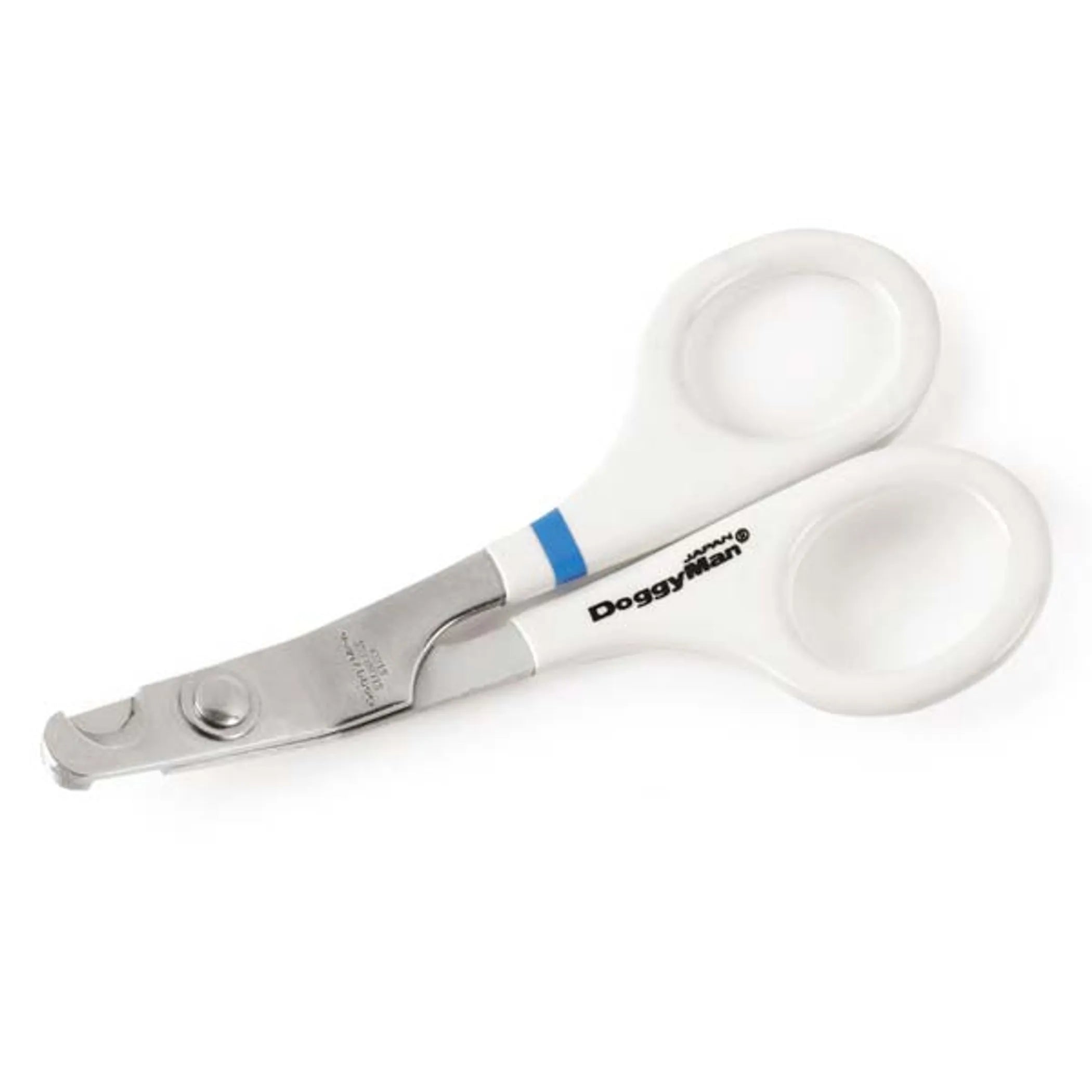 Dog nail clipper with white handle and metal blade on a white background