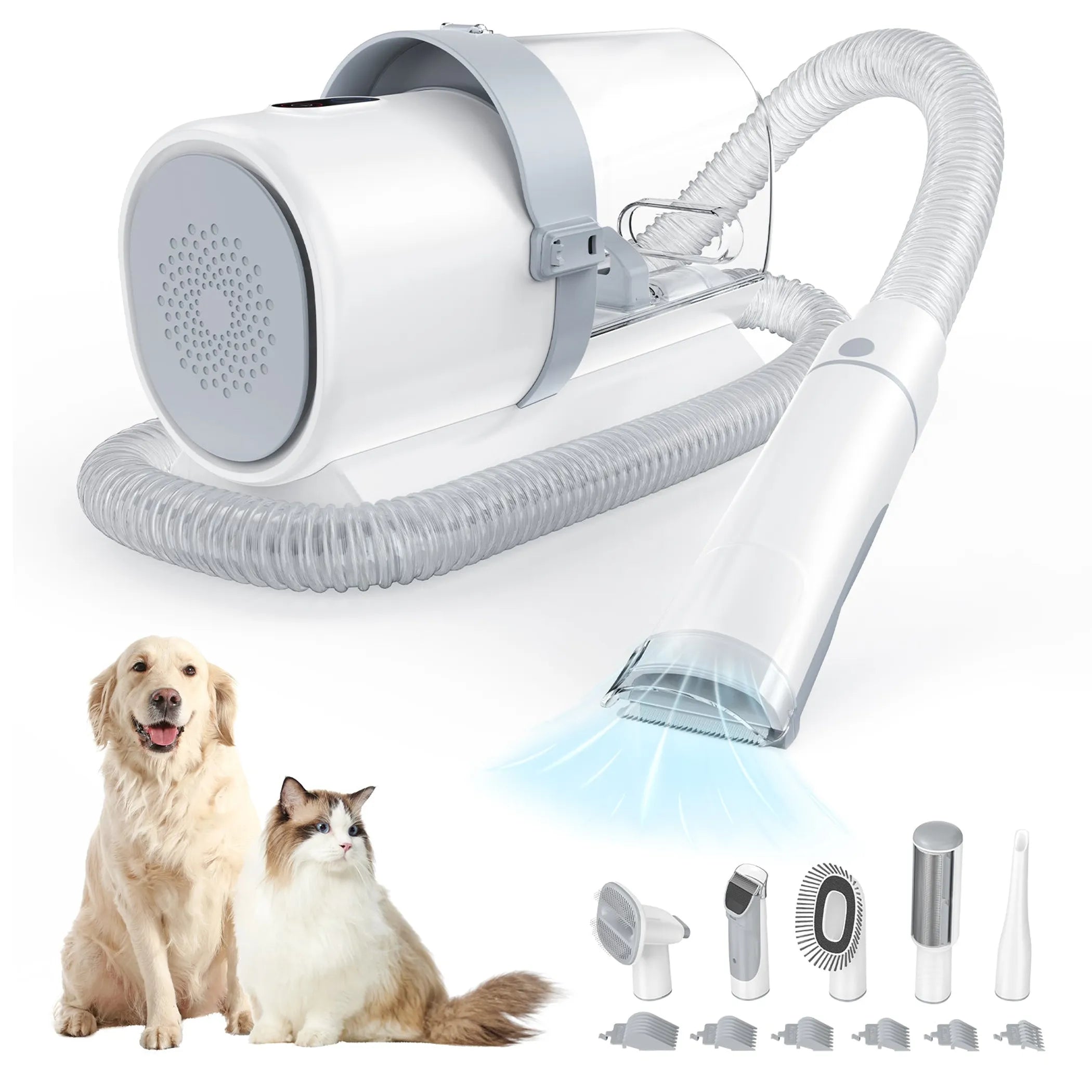 Pet grooming tool with attachments and two pets on a white background