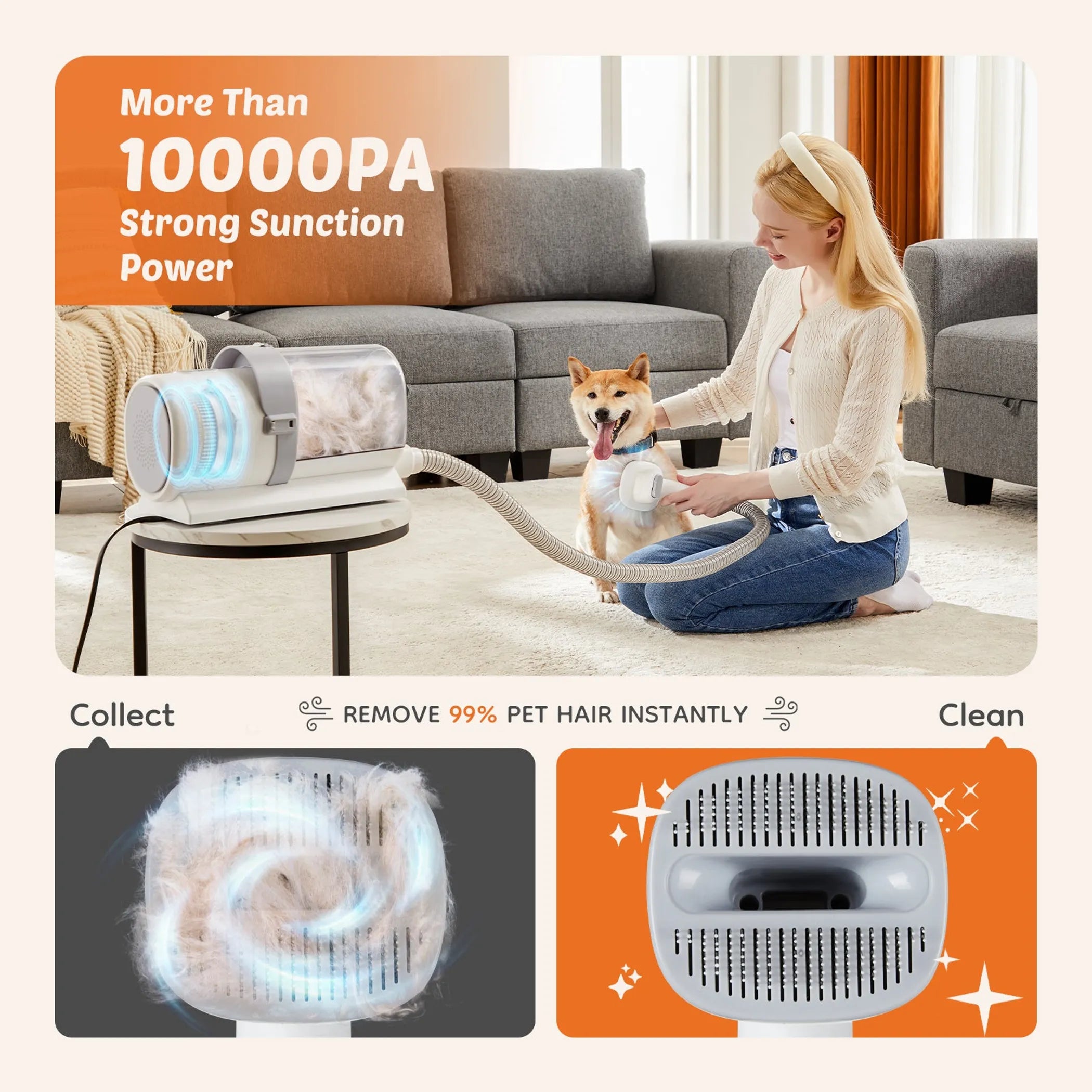 Woman using a pet hair removal tool with a dog in a living room, highlighting strong suction power.