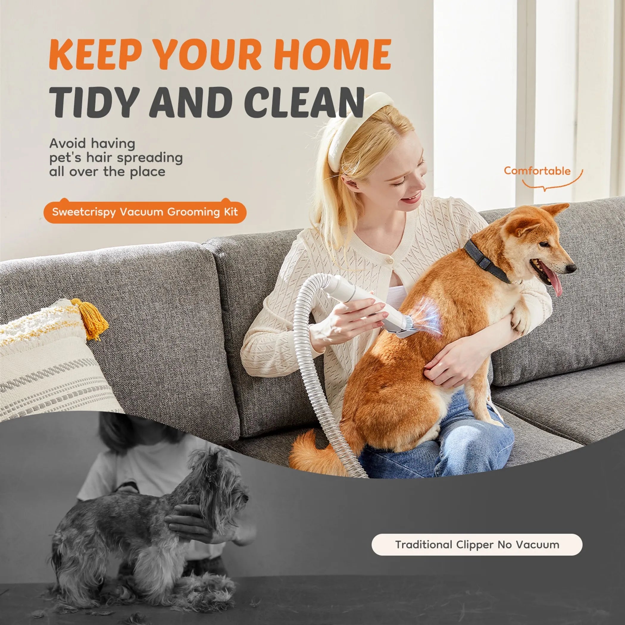 Woman using a Sweetcrissy Vacuum Grooming Kit on a dog with text about keeping home tidy and clean.