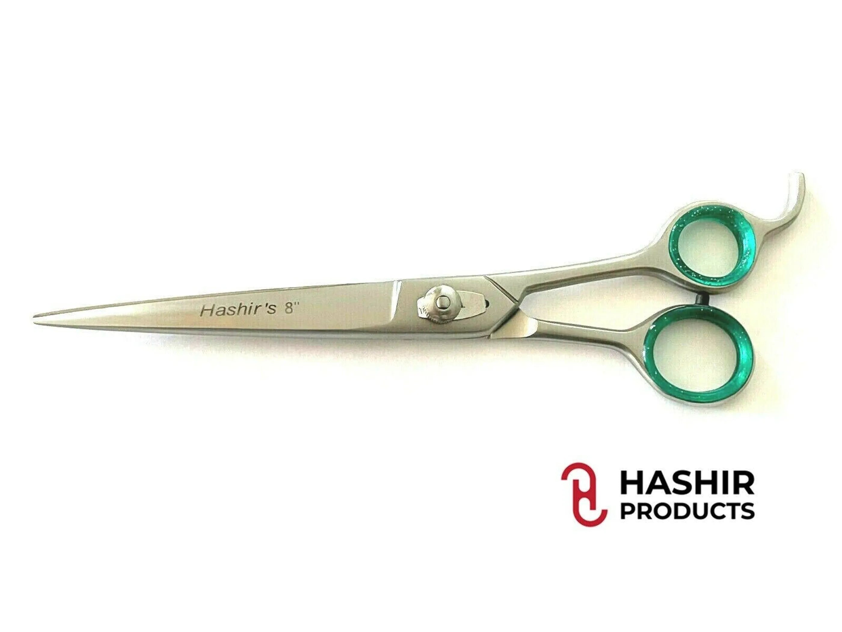 Hair shears with green handles on a white background, featuring the Hashir Products logo.