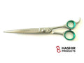 Hair shears with green handles on a white background, featuring the Hashir Products logo.