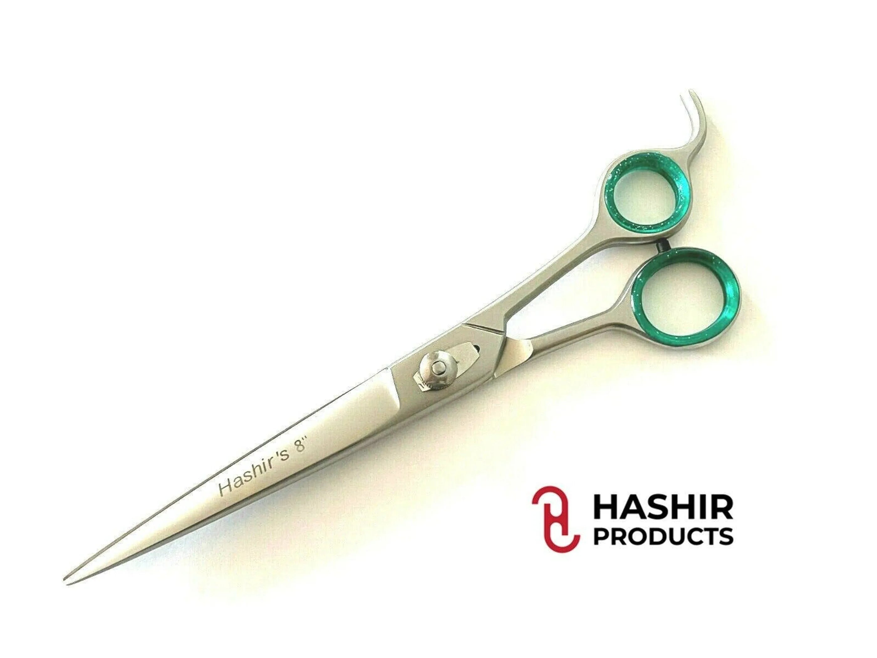 Hair cutting shears with green accents on a white background, featuring the Hashir Products logo.