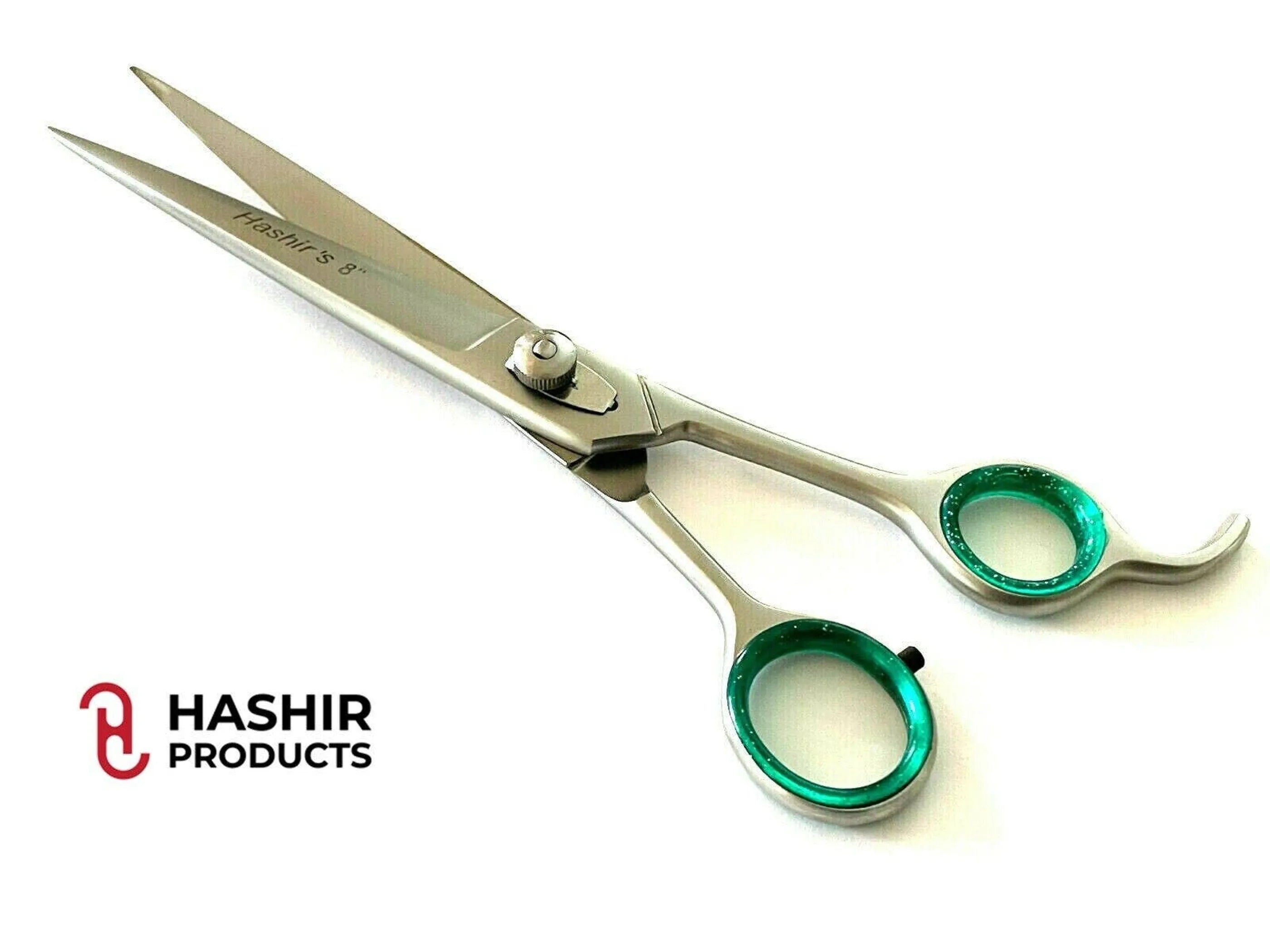 Hair cutting shears with green handles on a white background, featuring Hashir Products logo.