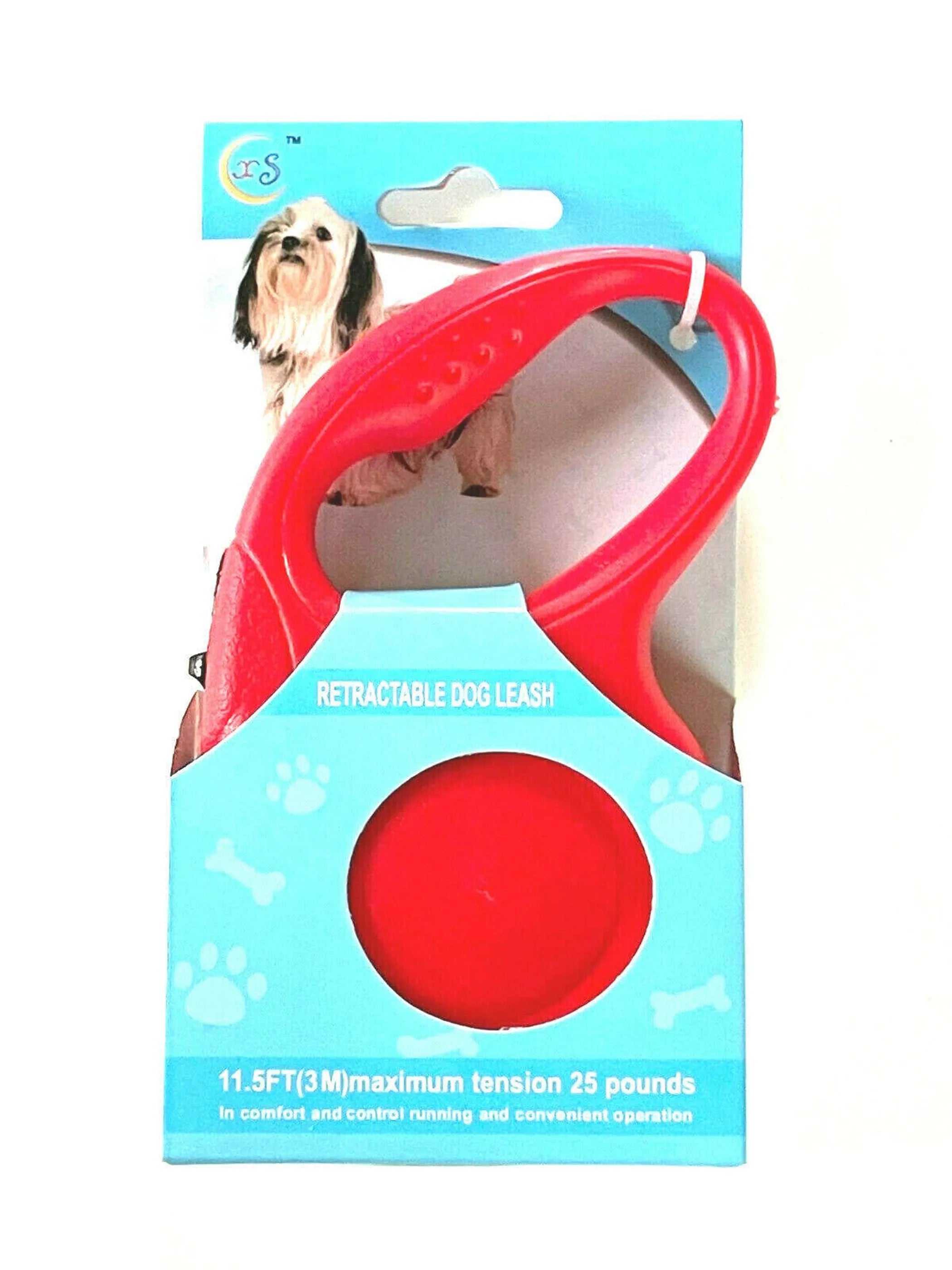 Retractable dog leash packaging with a red leash on a blue background