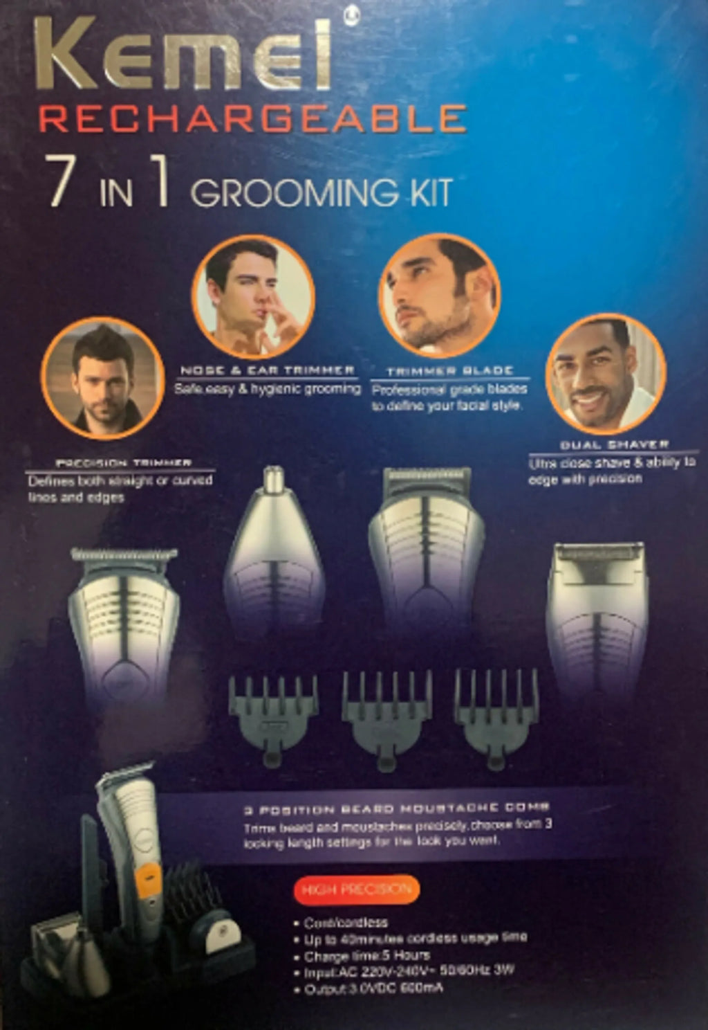 Kemei rechargeable 7-in-1 grooming kit packaging with images of a man using the tools.
