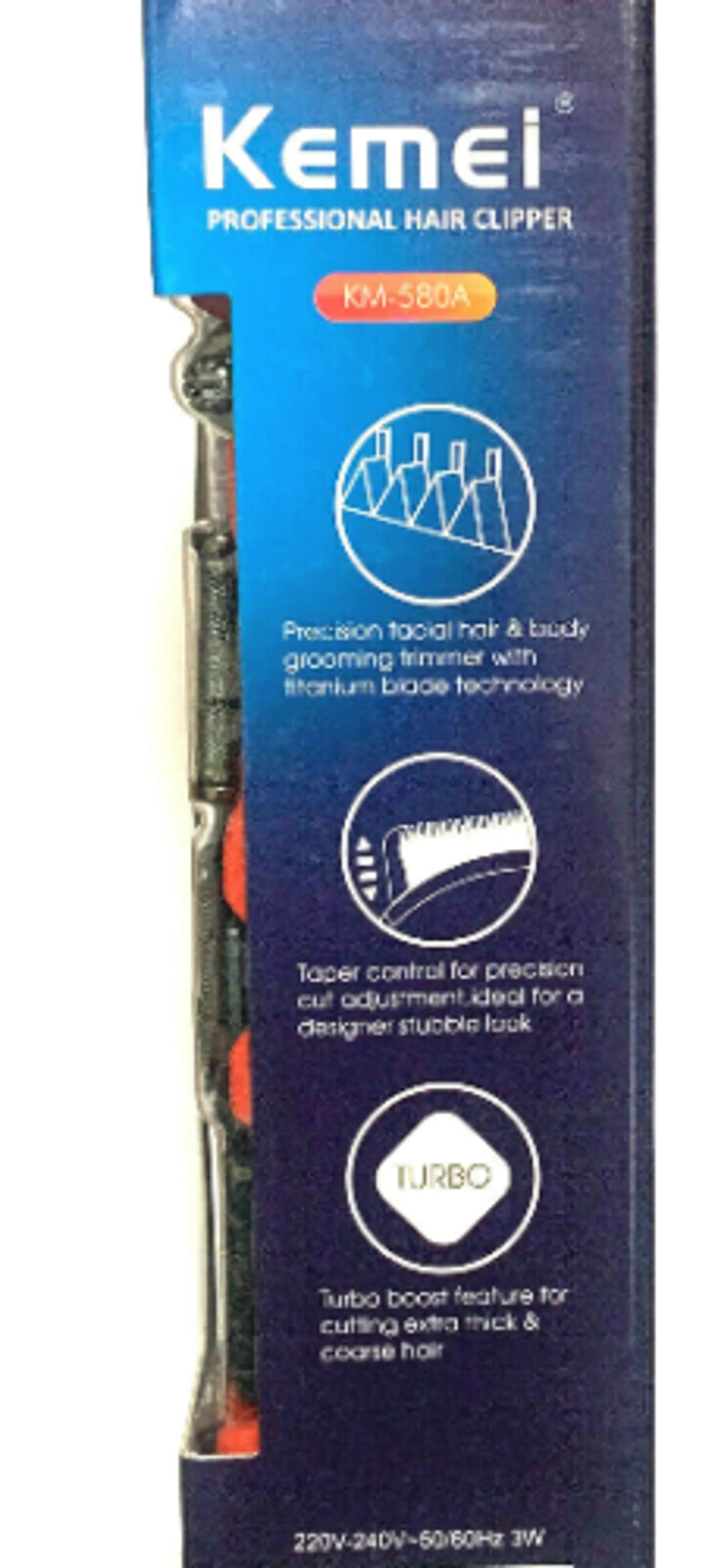 Kemei professional hair clipper packaging with blue and black design.
