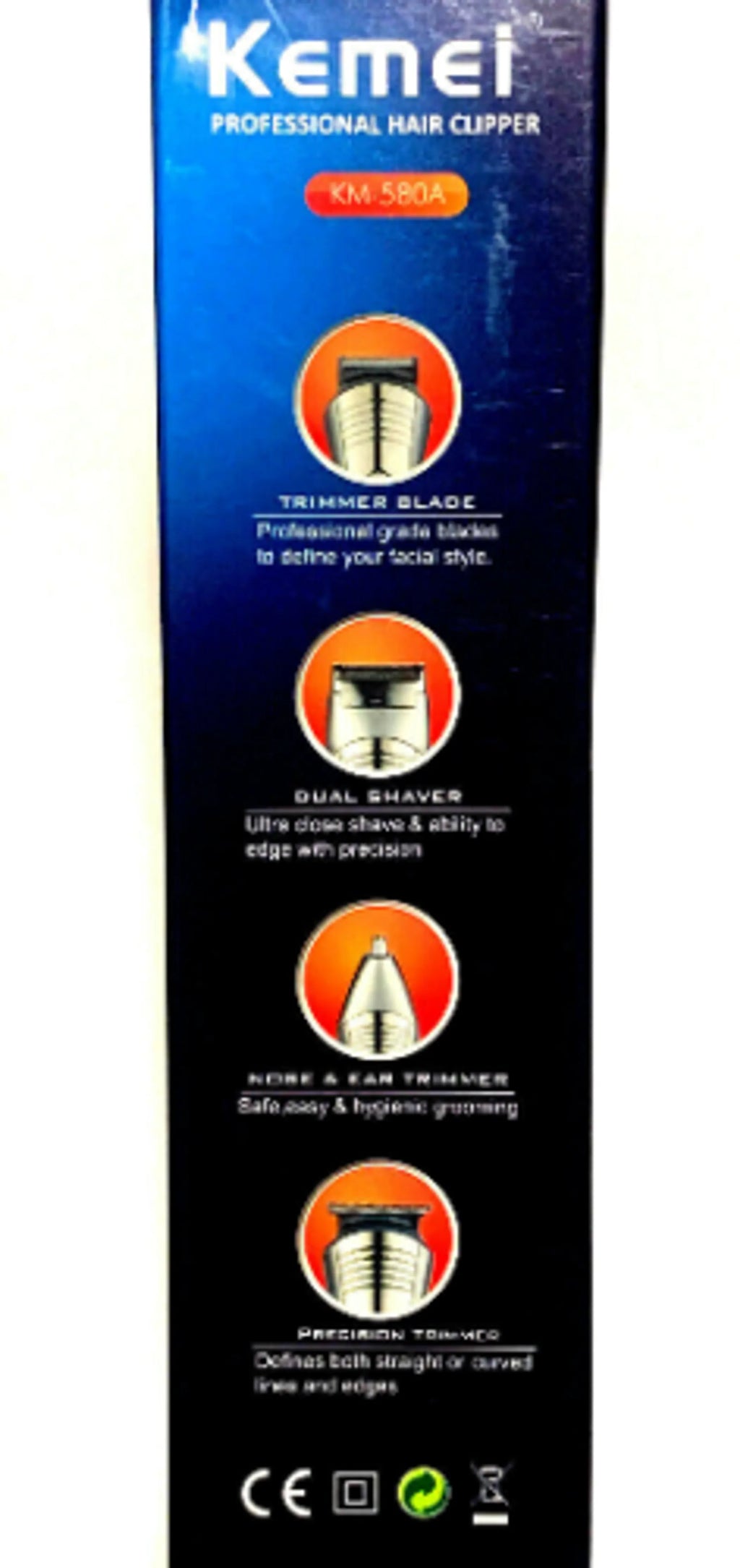 Kemei hair clipper packaging with features listed on a white background