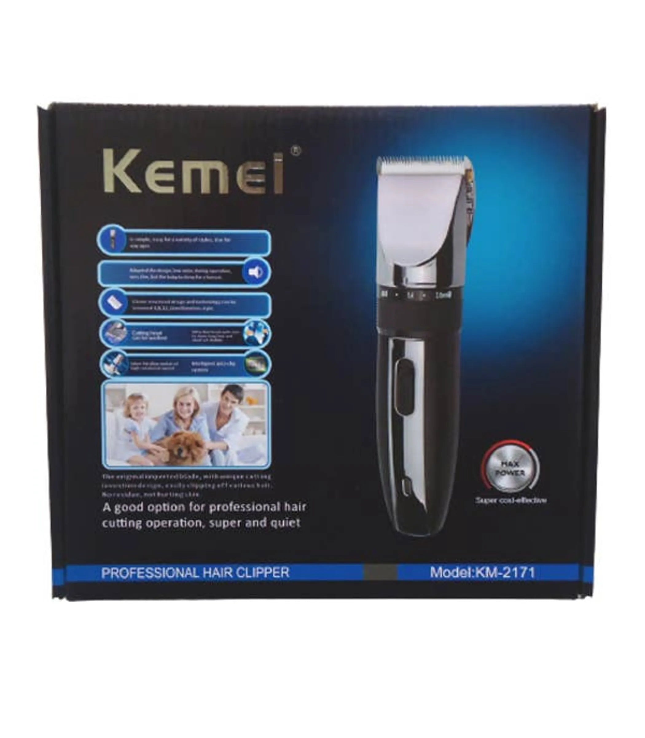 Kemei hair clipper packaging with product image and features on a black background