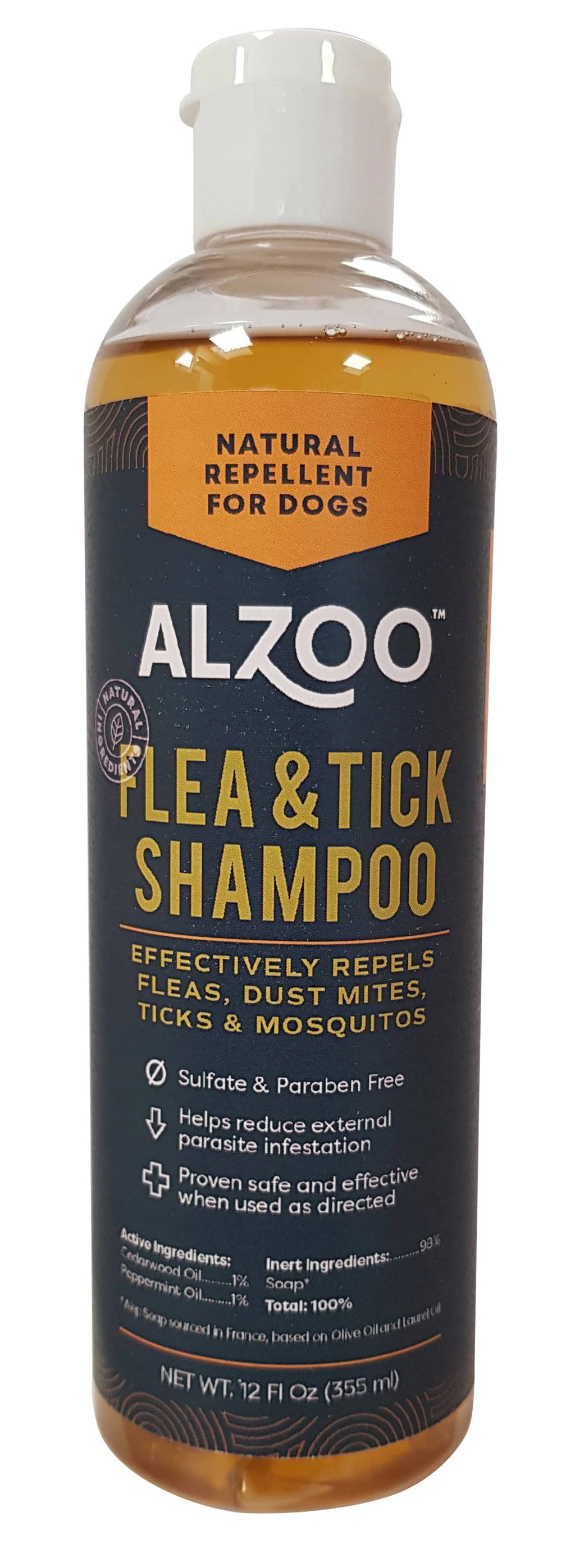 Alzoo flea and tick shampoo bottle on a white background