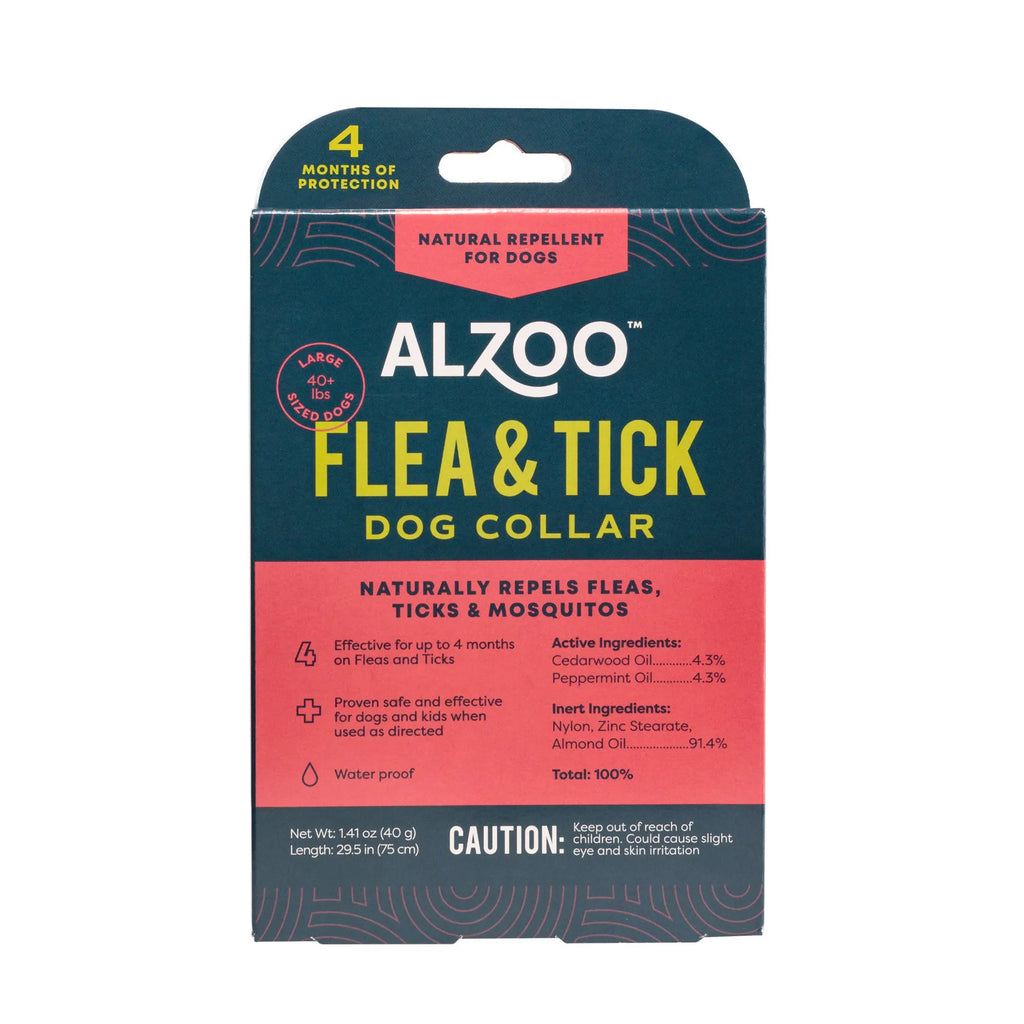 ALZOO flea and tick dog collar packaging on a white background