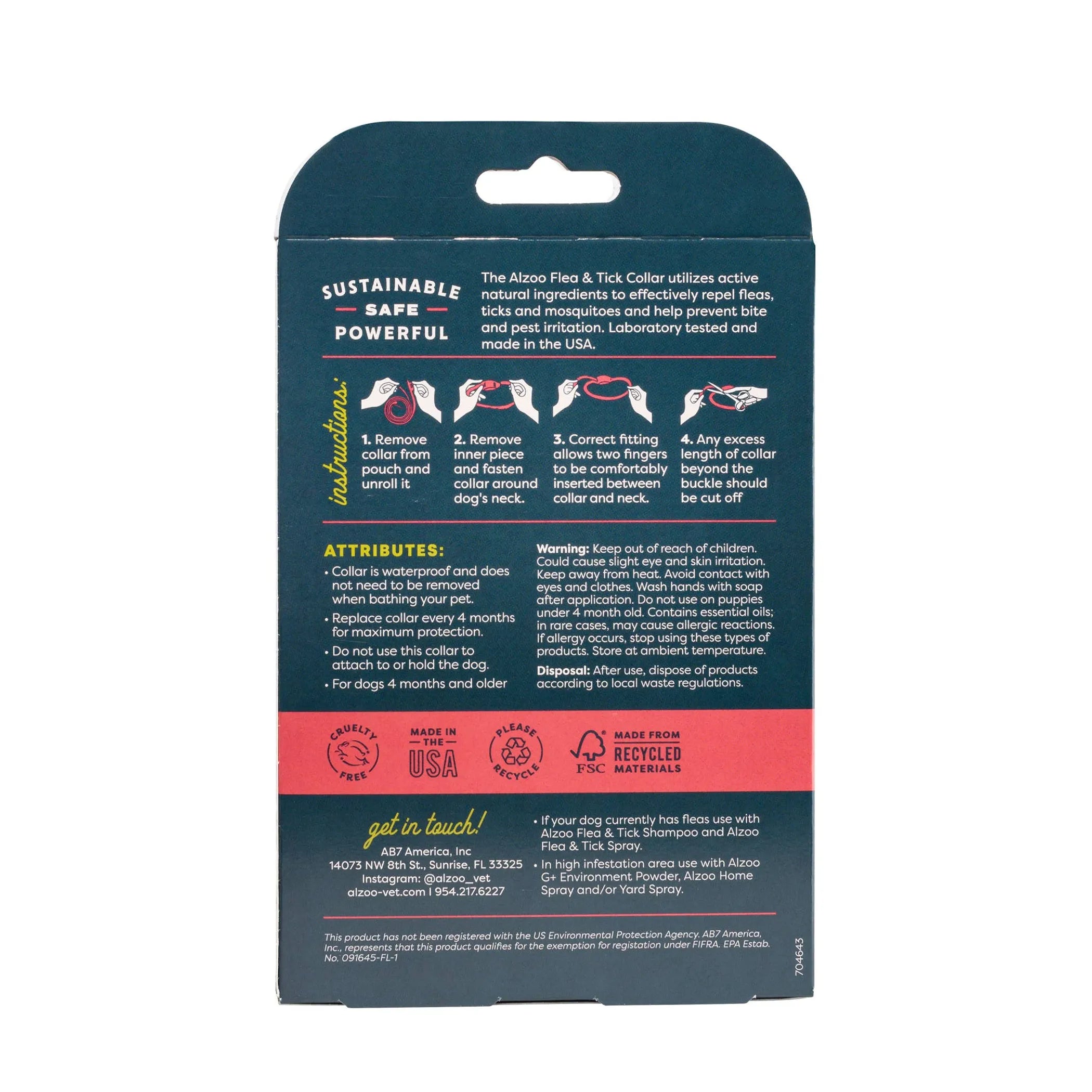 Back of a dog collar packaging with text and icons on a blue background