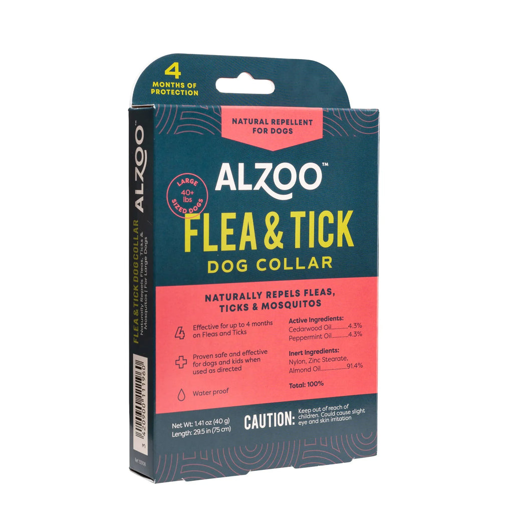 ALZOO flea and tick dog collar packaging on a white background
