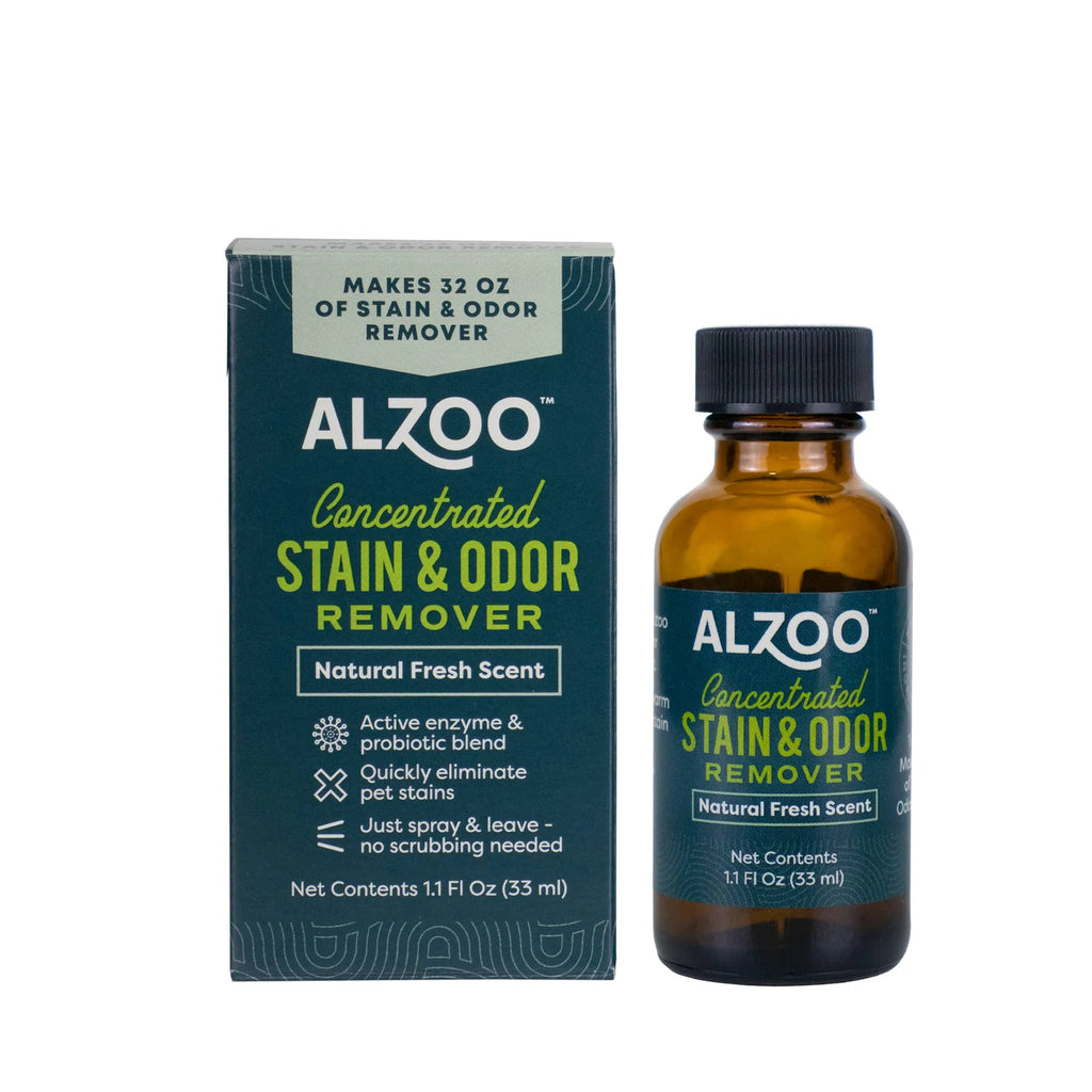 Alzoo concentrated stain and odor remover packaging and bottle on a white background