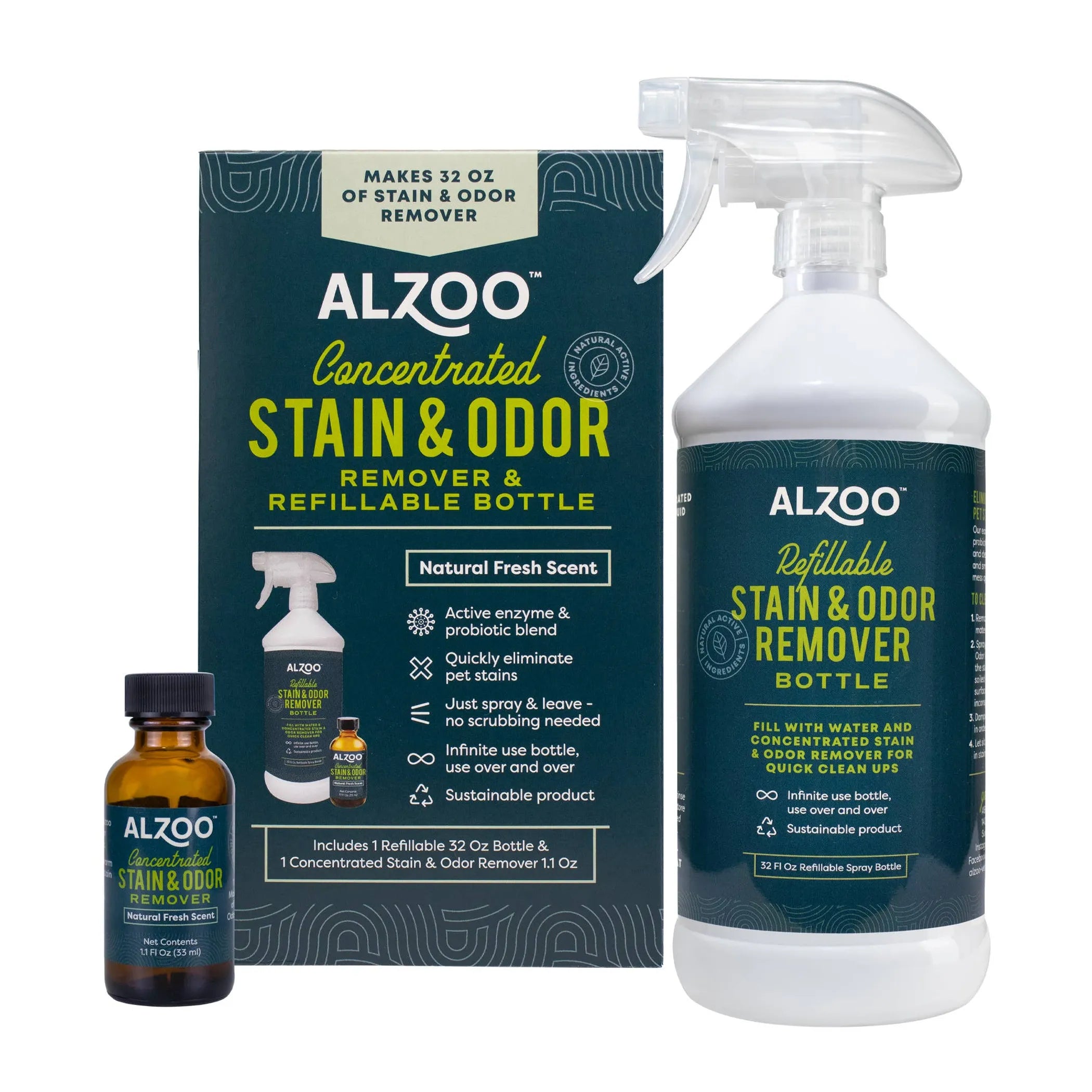 Alzoo stain and odor remover set with packaging and bottles on a white background