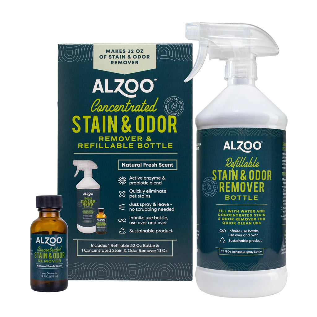 Alzoo stain and odor remover set with packaging and bottles on a white background