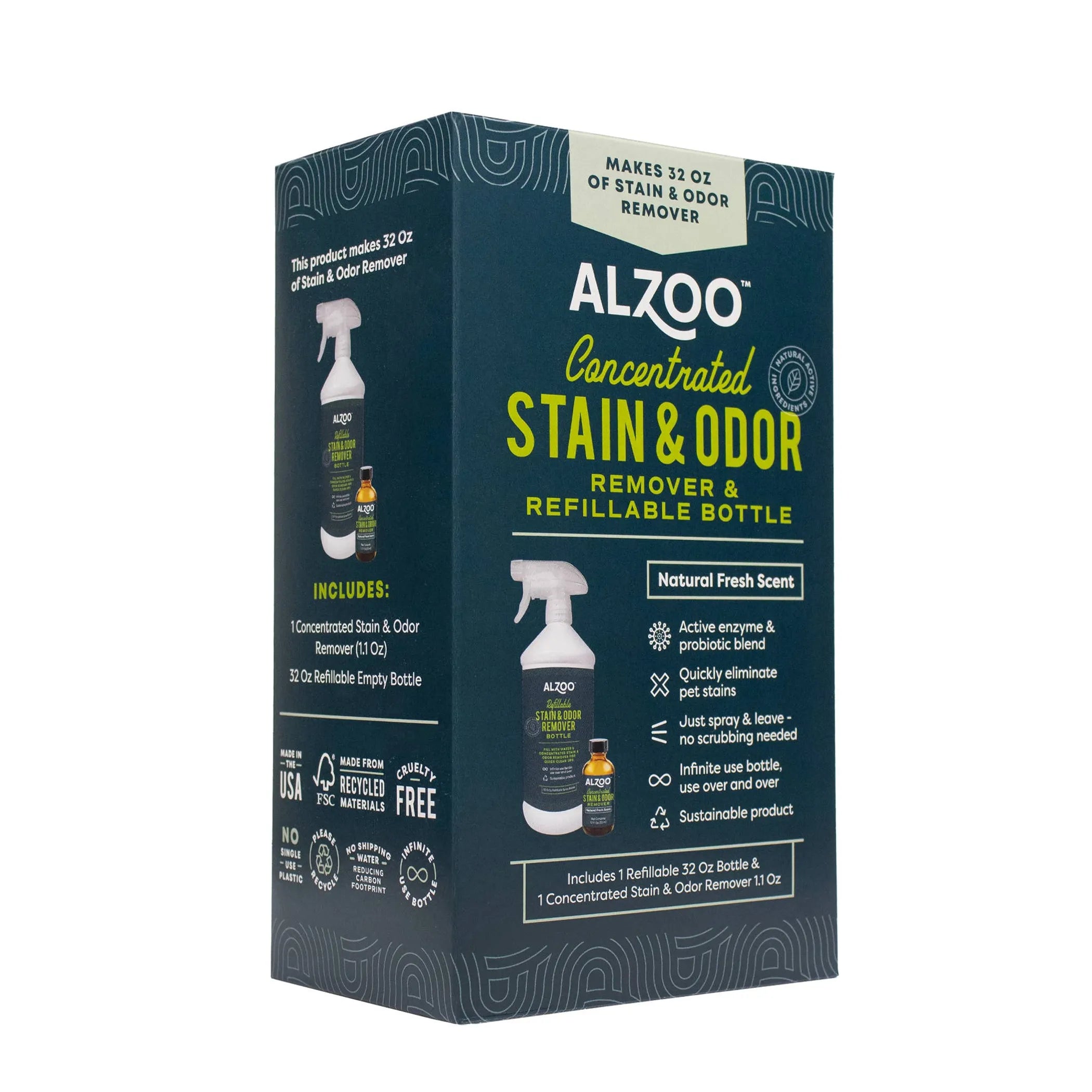 ALZOO concentrated stain and odor remover packaging on a white background