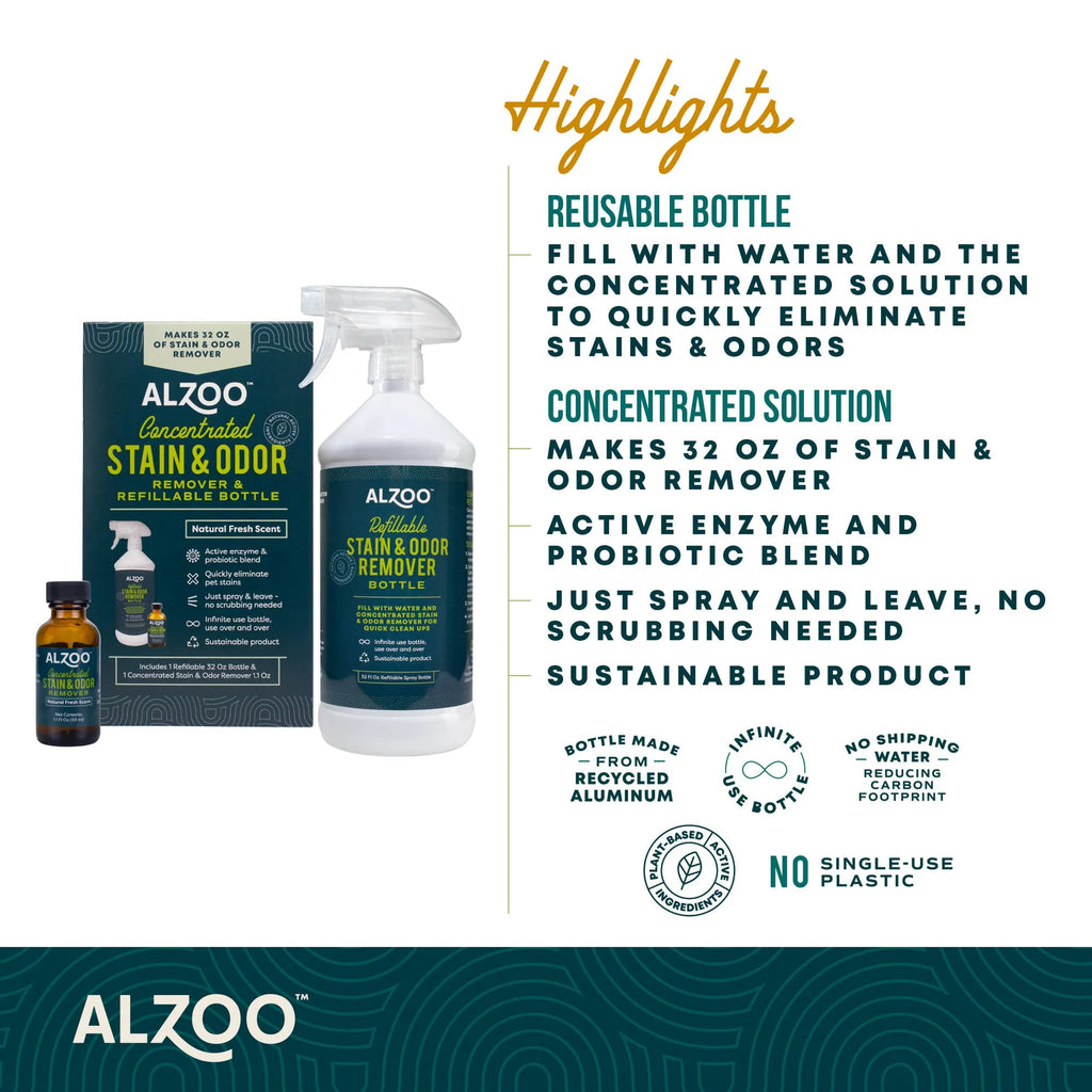 Alzoo stain and odor remover product with packaging and features listed on a white background