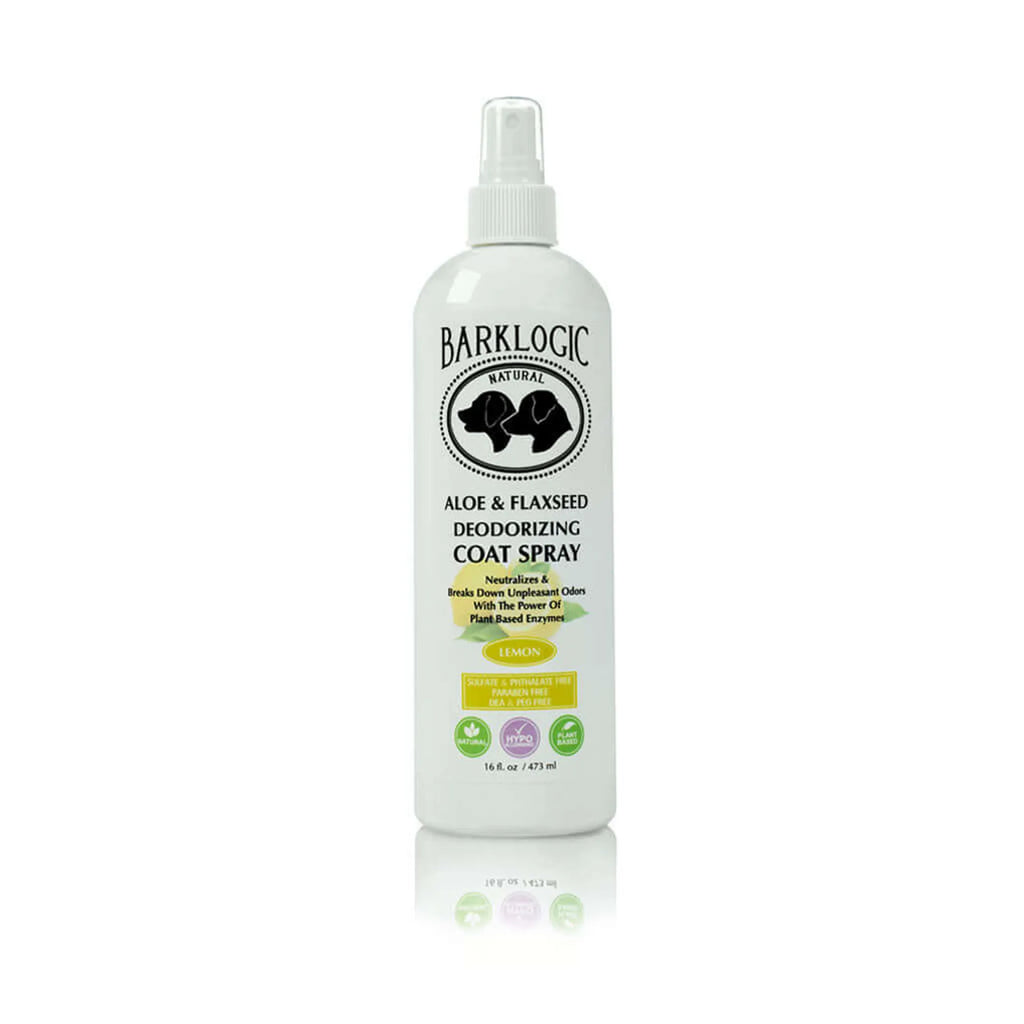 Barklogic aloe and flaxseed deodorizing coat spray bottle on a white background