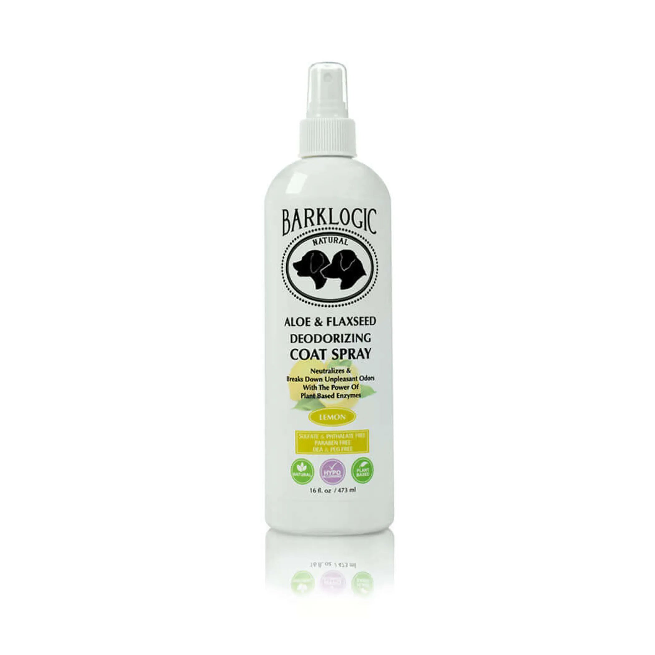 Barklogic aloe and flaxseed deodorizing coat spray bottle on a white background
