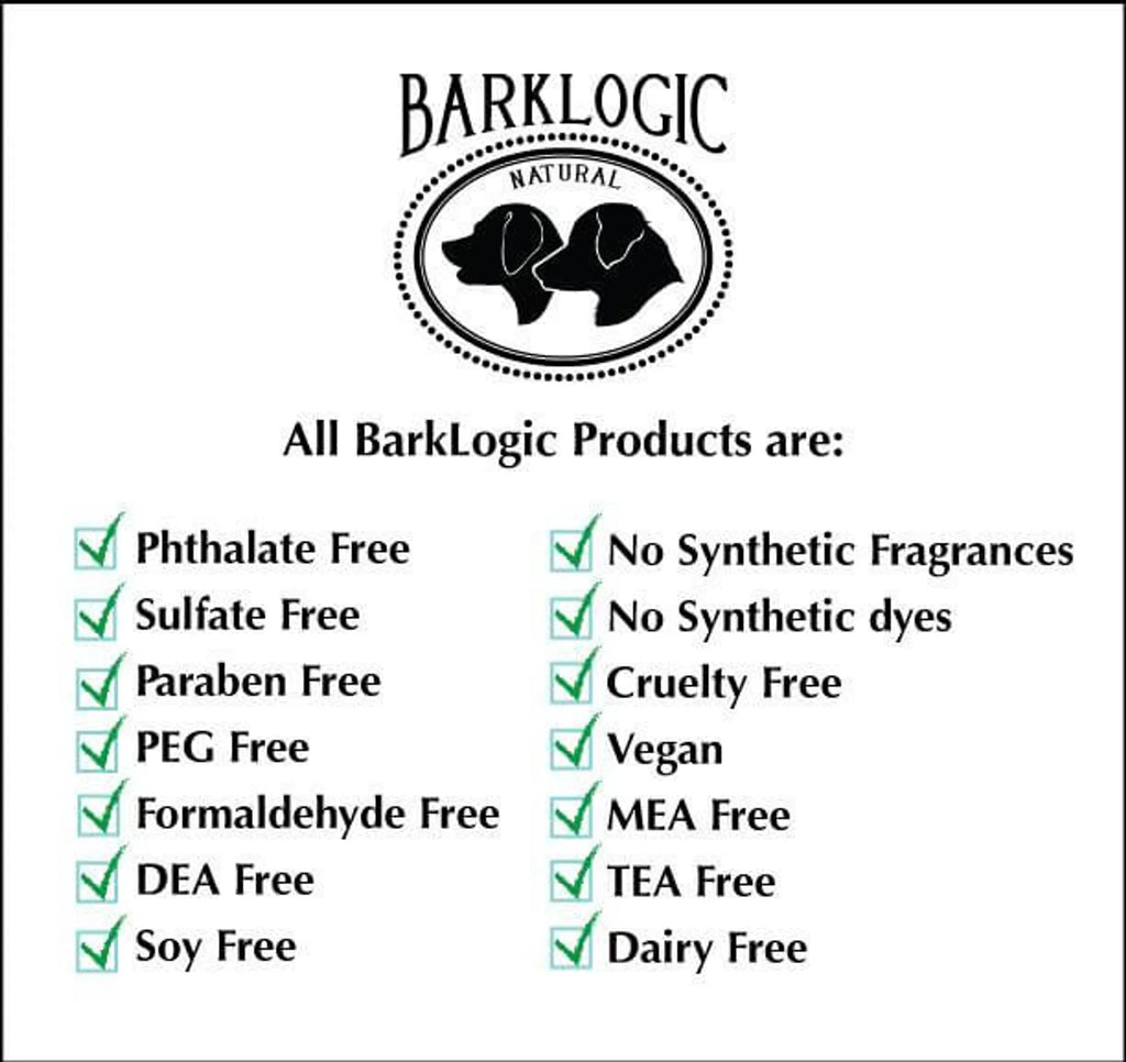 BarkLogic product label with safety features listed on a white background