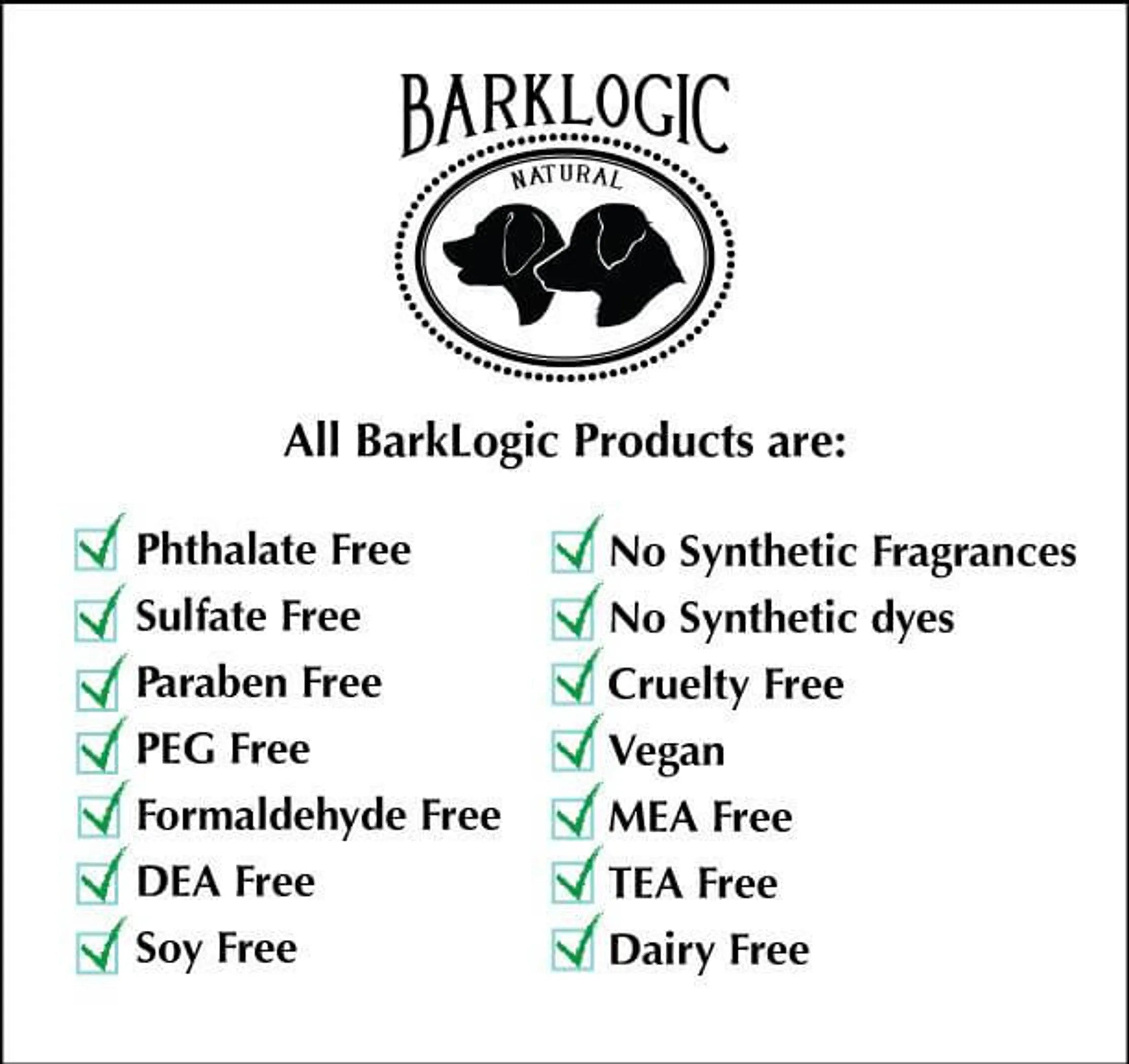 BarkLogic product label with safety features listed on a white background