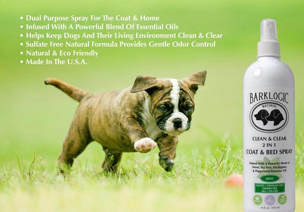 Barklogic Clean & Clear 2-in-1 Coat & Bed Spray with a puppy in the grass