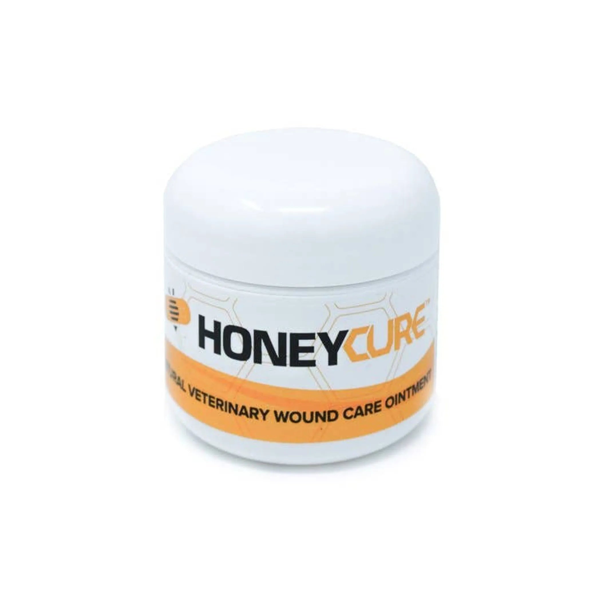 Jar of HoneyCure veterinary wound care ointment on a white background