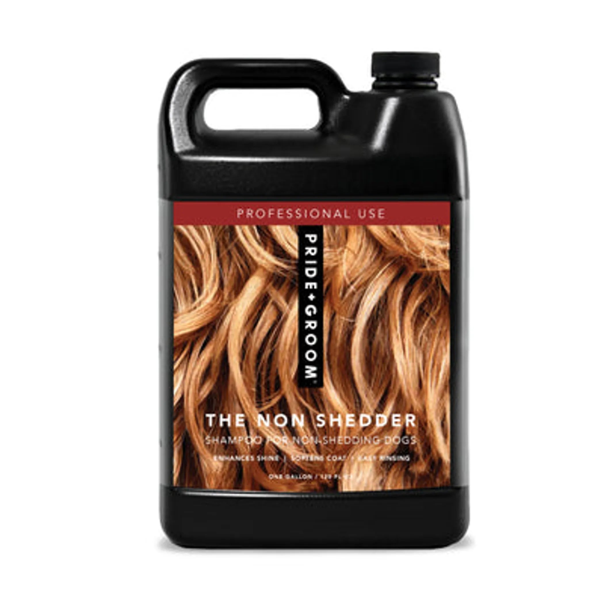 Black bottle of 'The Non Shedder' shampoo for dogs with a label showing hair and branding.