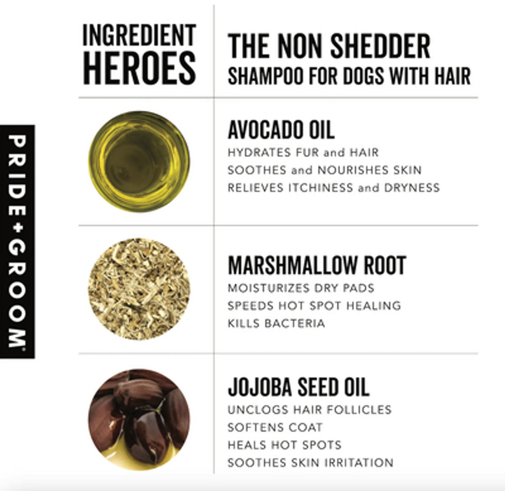 Product label for 'The Non Shedder Shampoo for Dogs with Hair' by Pride + Groom, listing ingredients and their benefits.