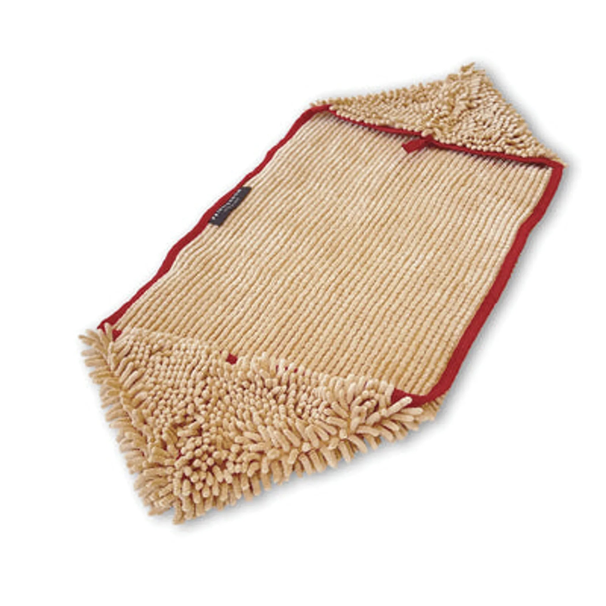 Beige pet bed with red trim on a white background