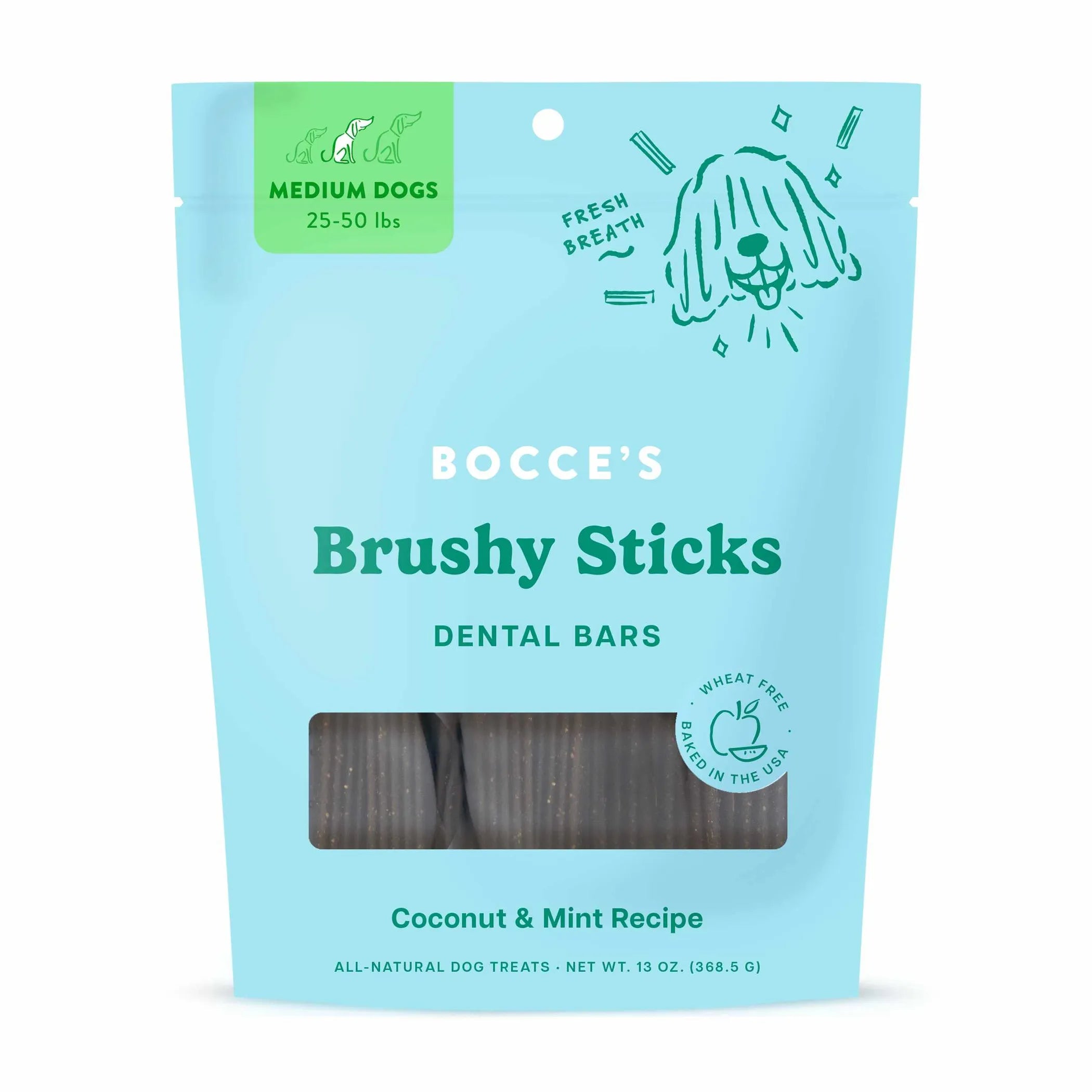 Package of Bocce's Brushy Sticks dental bars for medium dogs on a white background