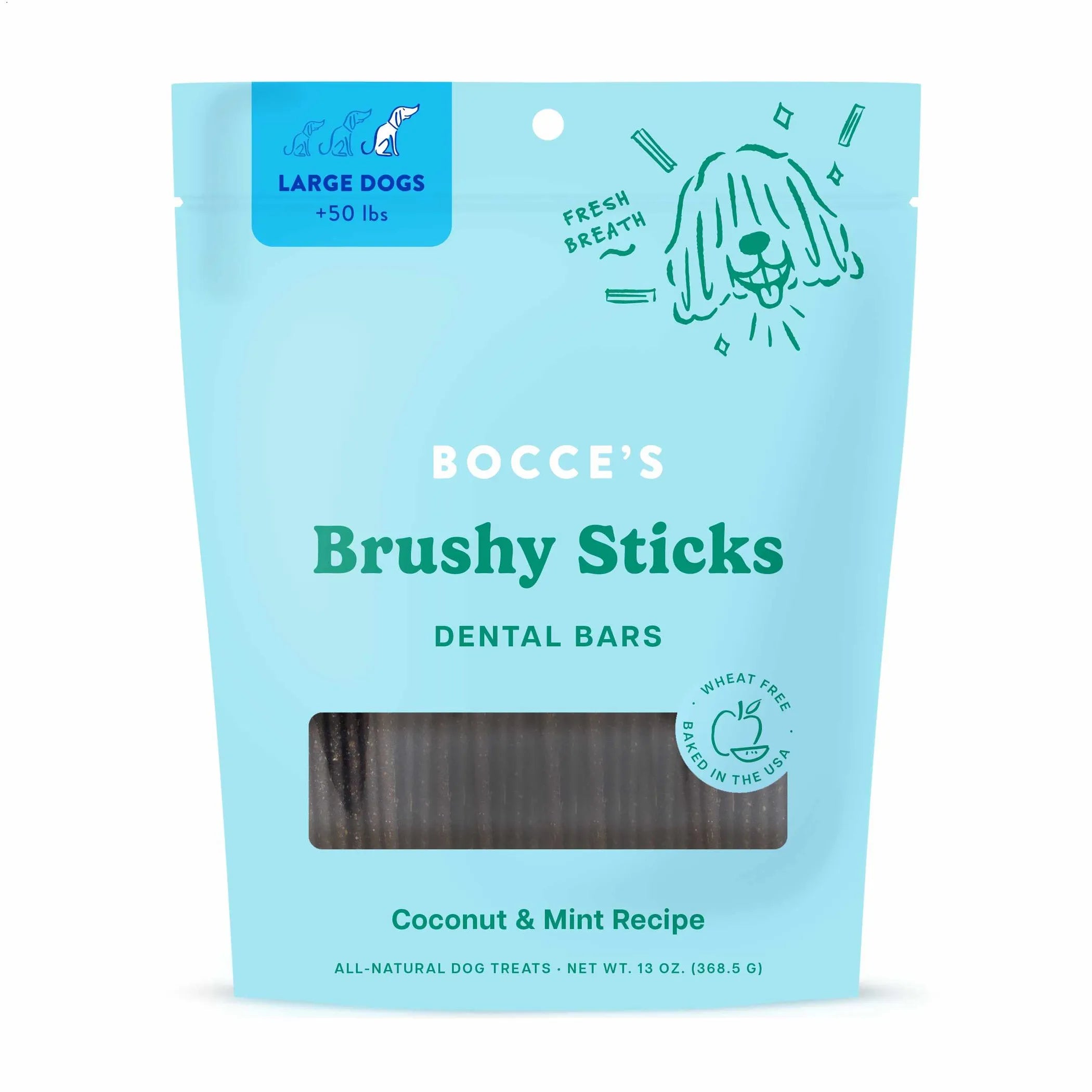 Bocce's Brushy Sticks Dental Bars for Large Dogs (50+ lbs) — Coconut & Mint Recipe. Light blue resealable pouch containing all-natural dog dental treat sticks. Features a playful illustrated dog graphic with "Fresh Breath" text. Wheat free, baked in the USA. Net wt. 13 oz. (368.5 g).