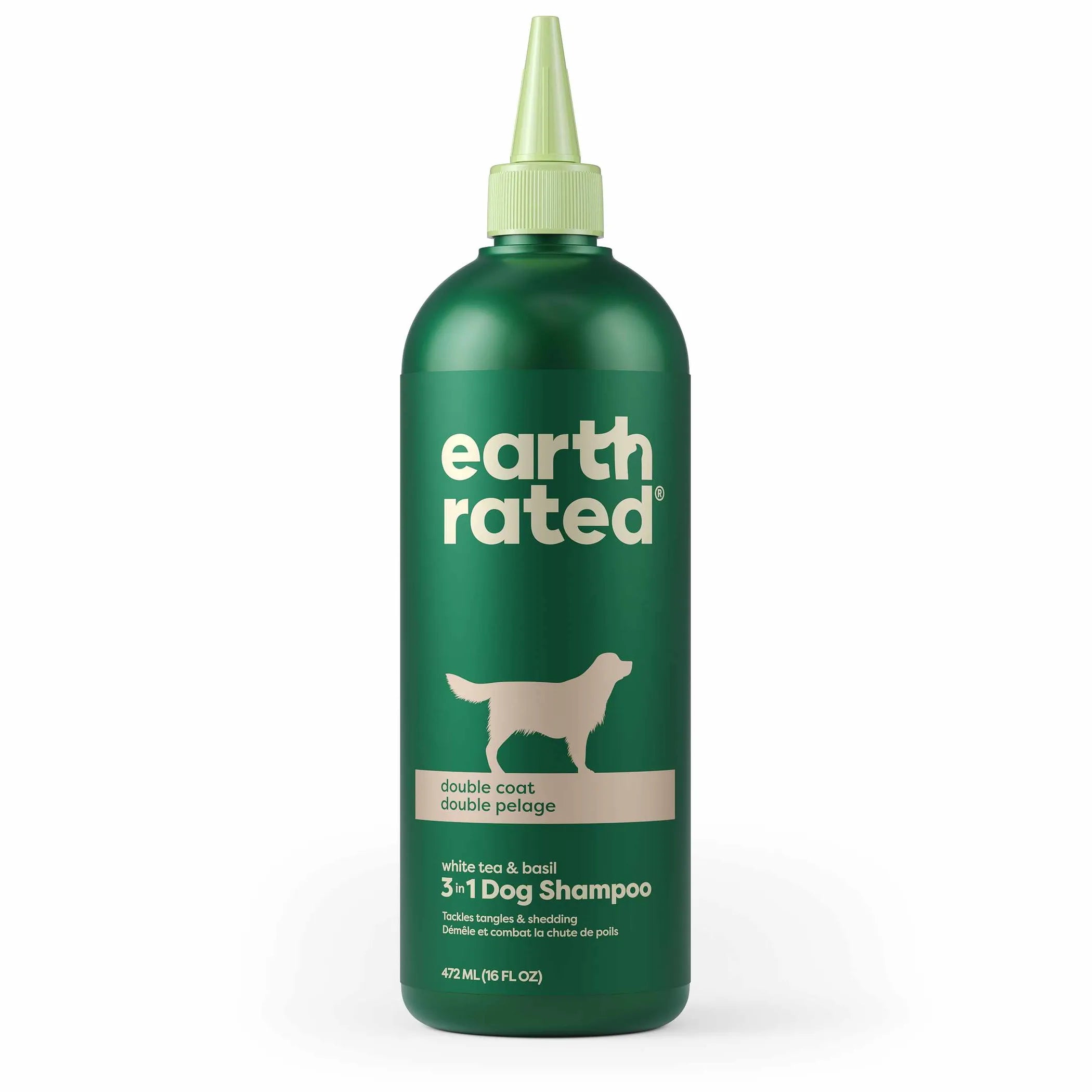 Green bottle of Earth Rated dog shampoo on a white background
