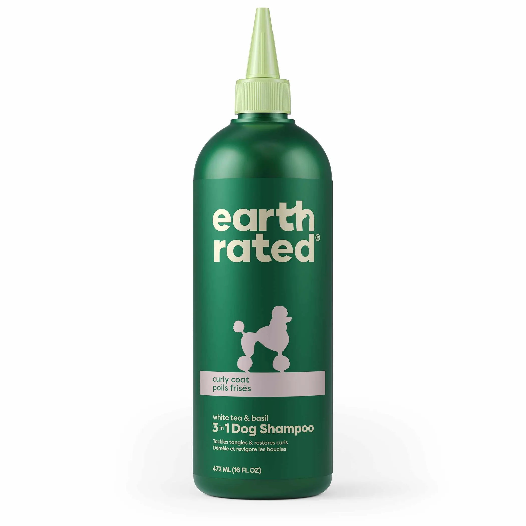 Green bottle of Earth Rated dog shampoo on a white background