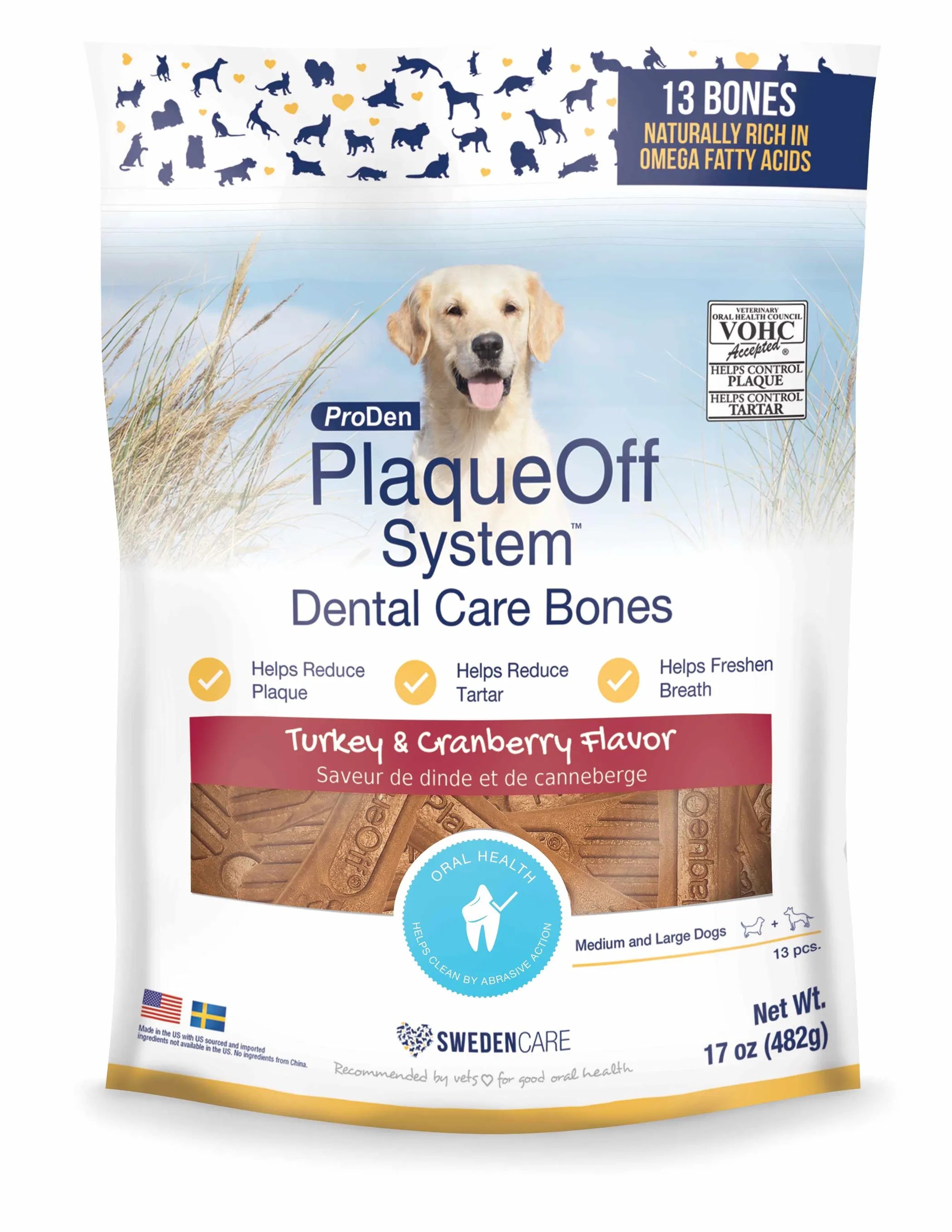ProDen PlaqueOff System dental care bones packaging for dogs with turkey and cranberry flavor.